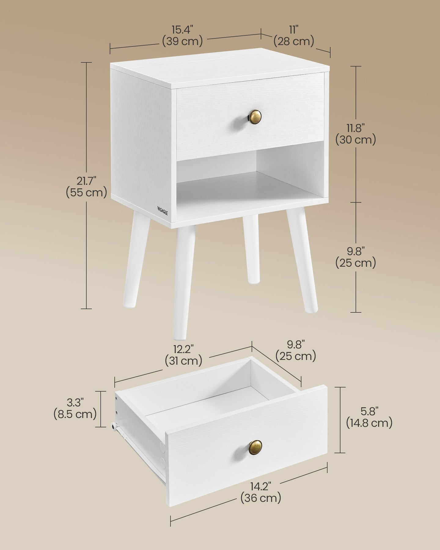 Bedside Table - Solid Wood - Cloud White - Storage Drawer and Open Shelf