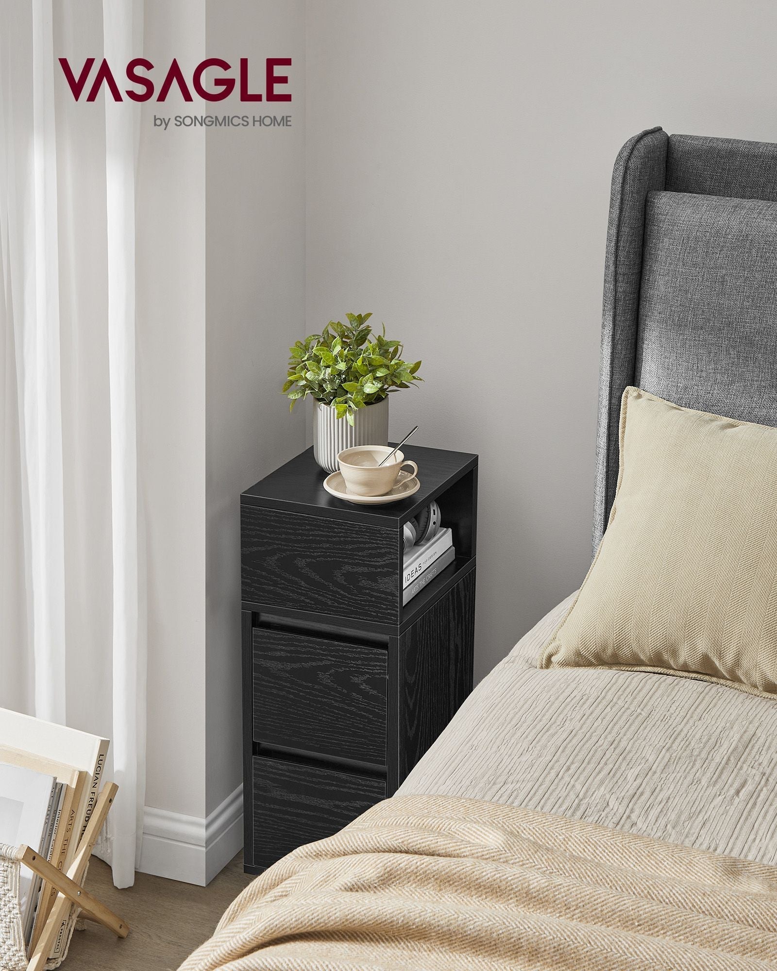 Adjustable Slim Bedside Table - Wood - Ebony Black - 2 Drawers & Open Compartment