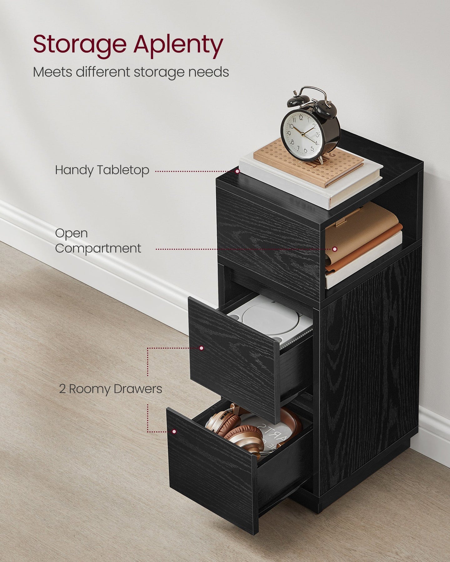 Adjustable Slim Bedside Table - Wood - Ebony Black - 2 Drawers & Open Compartment