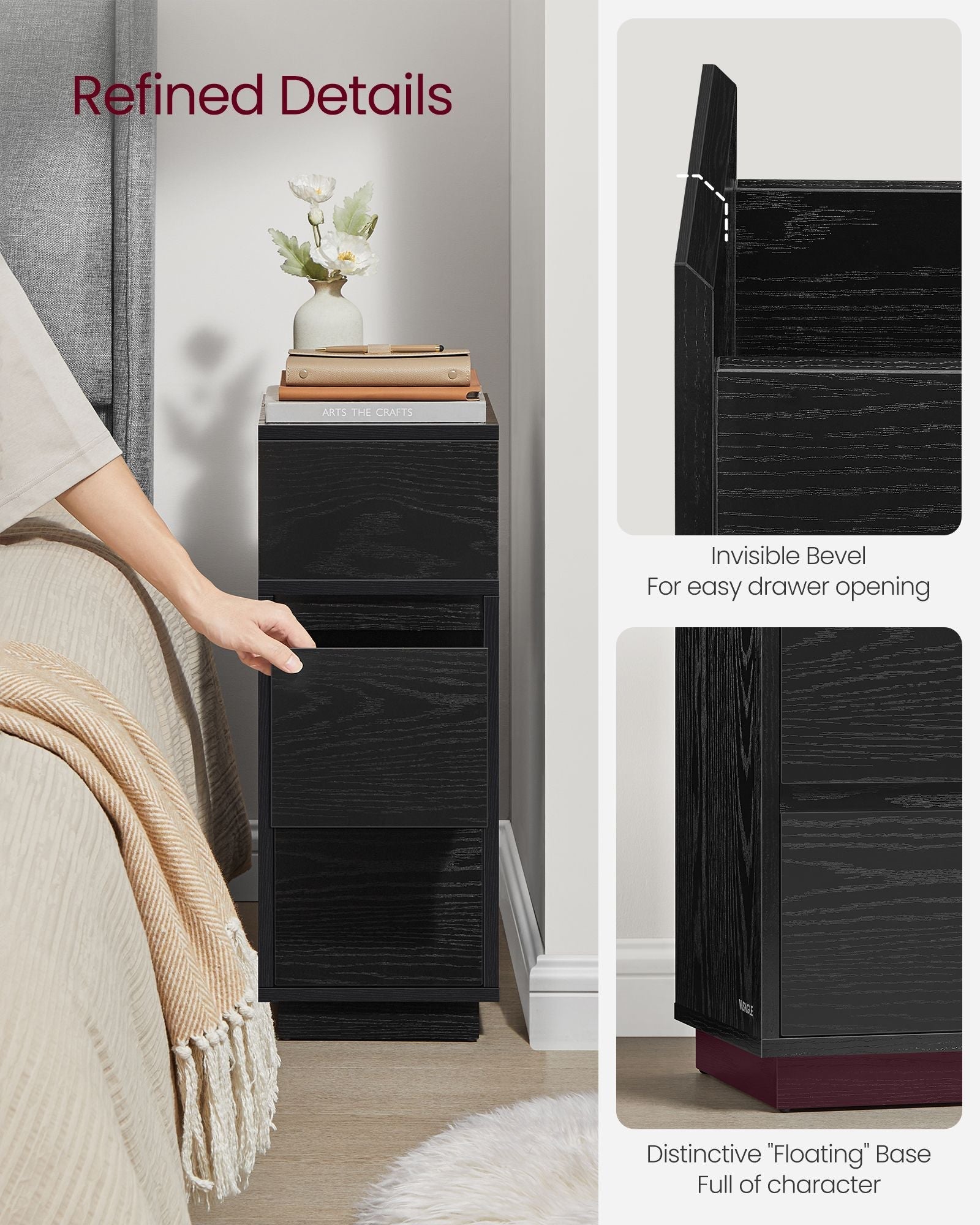 Adjustable Slim Bedside Table - Wood - Ebony Black - 2 Drawers & Open Compartment