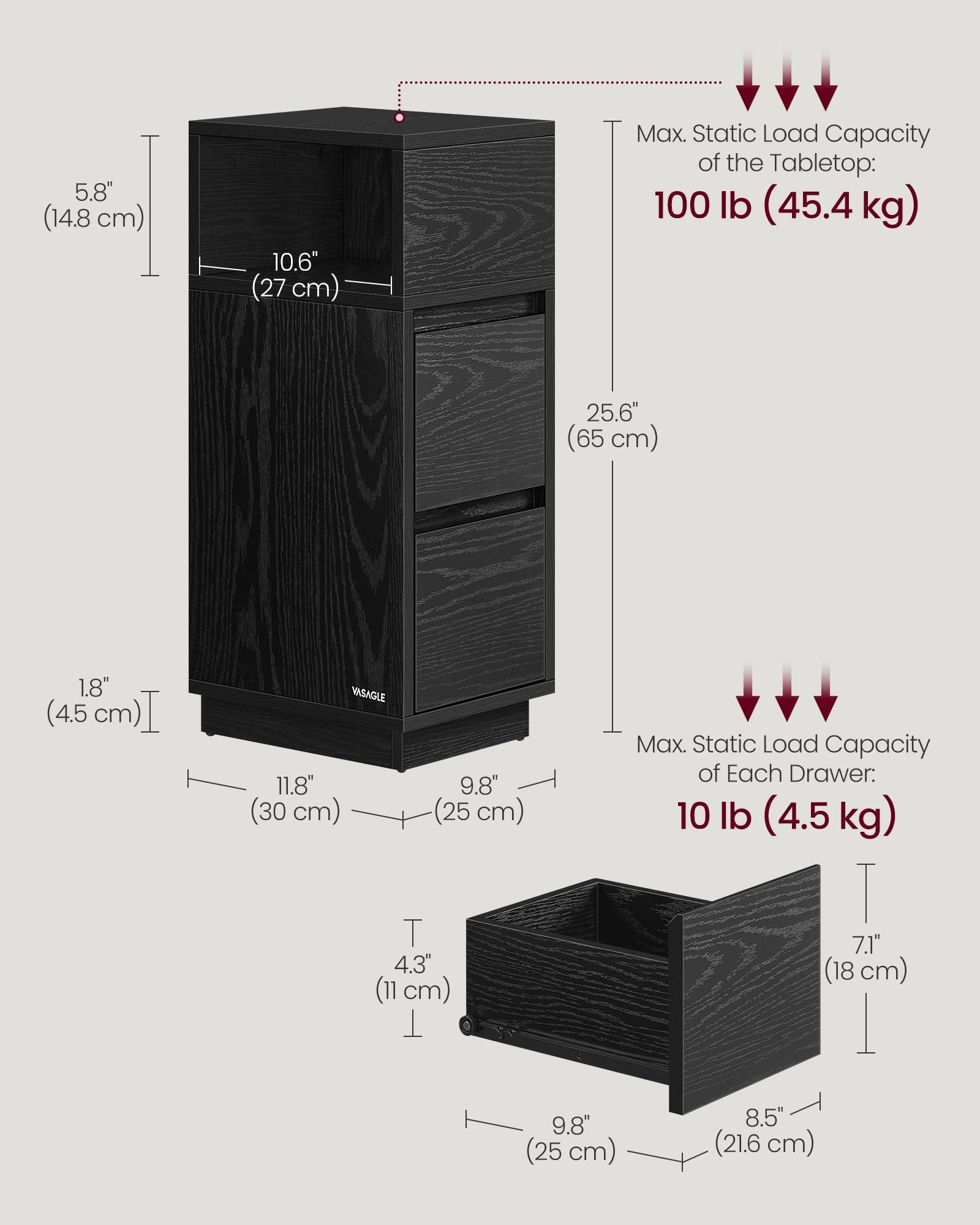 Adjustable Slim Bedside Table - Wood - Ebony Black - 2 Drawers & Open Compartment