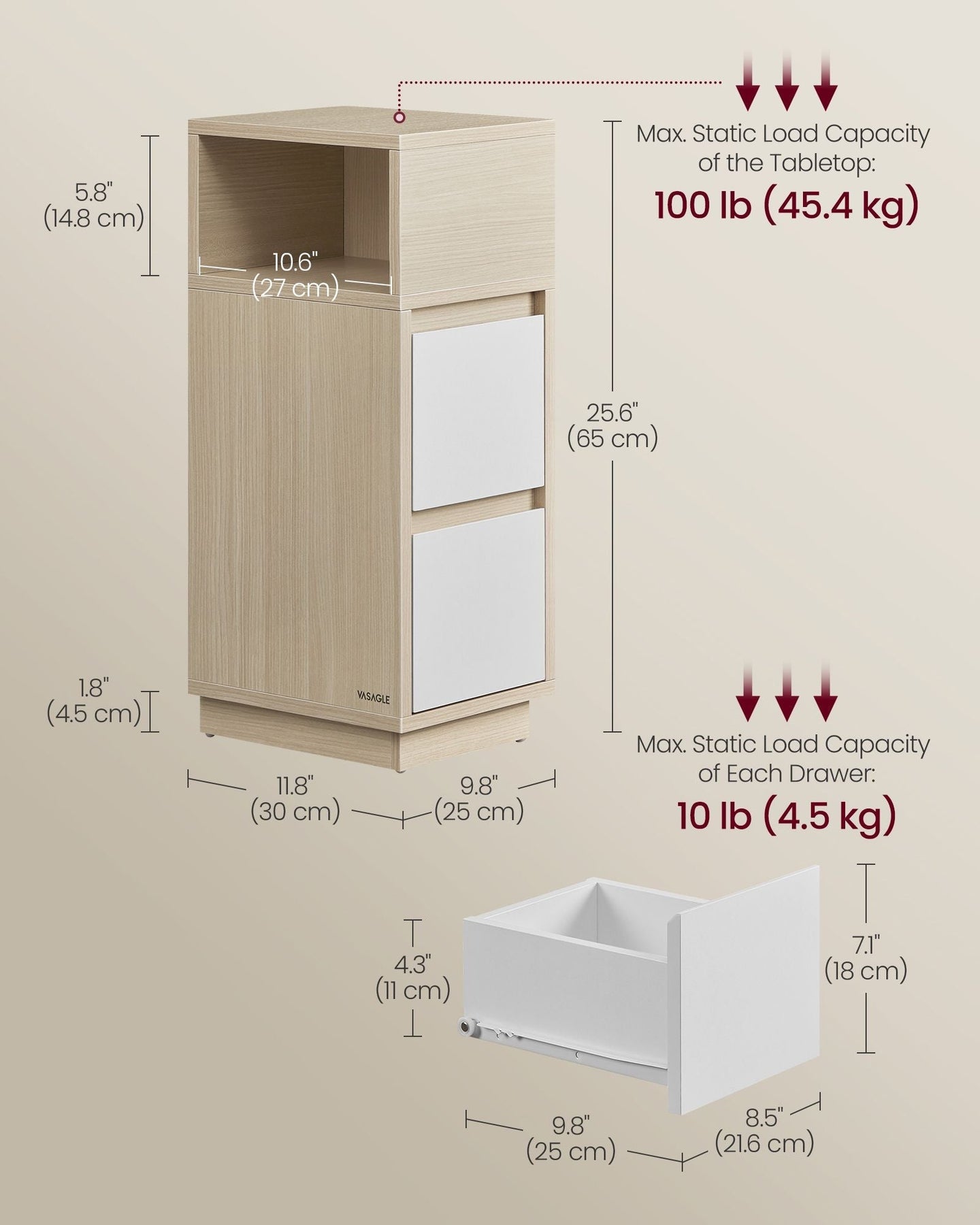 Adjustable Slim Bedside Table - Wood - Ebony Black - 2 Drawers & Open Compartment