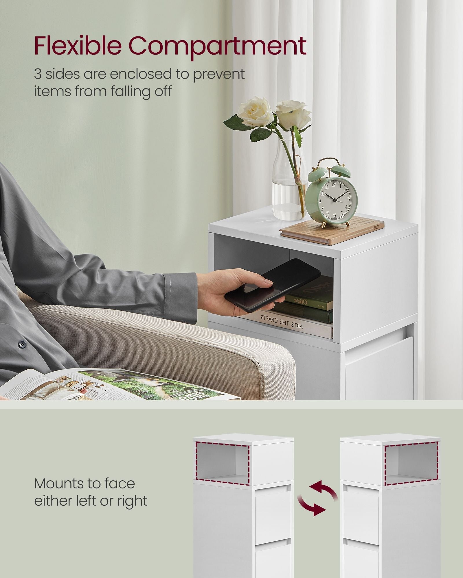 Slim Bedside Table - Engineered Wood - Cloud White - 2 Drawers and Open Compartment