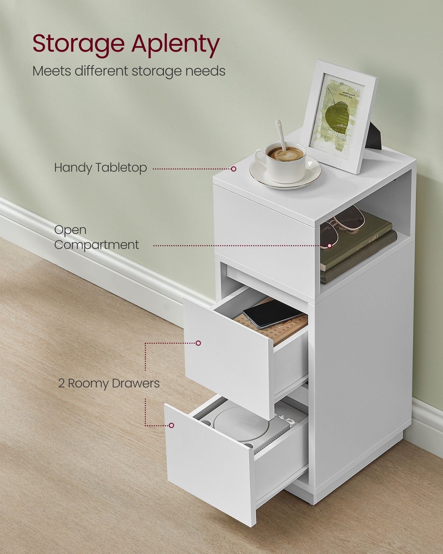 Slim Bedside Table - Engineered Wood - Cloud White - 2 Drawers and Open Compartment