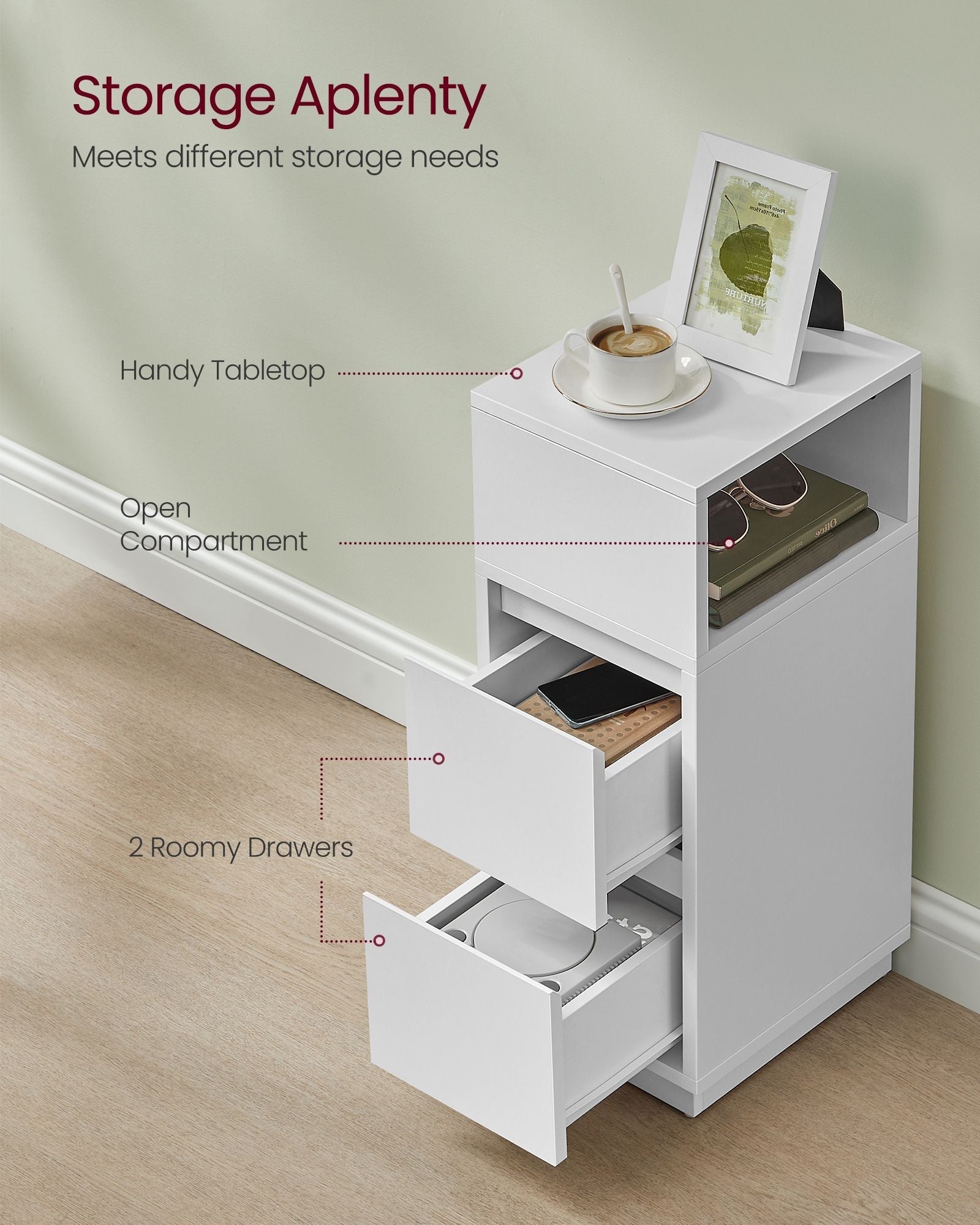 Slim Bedside Table - Engineered Wood - Cloud White - 2 Drawers and Open Compartment