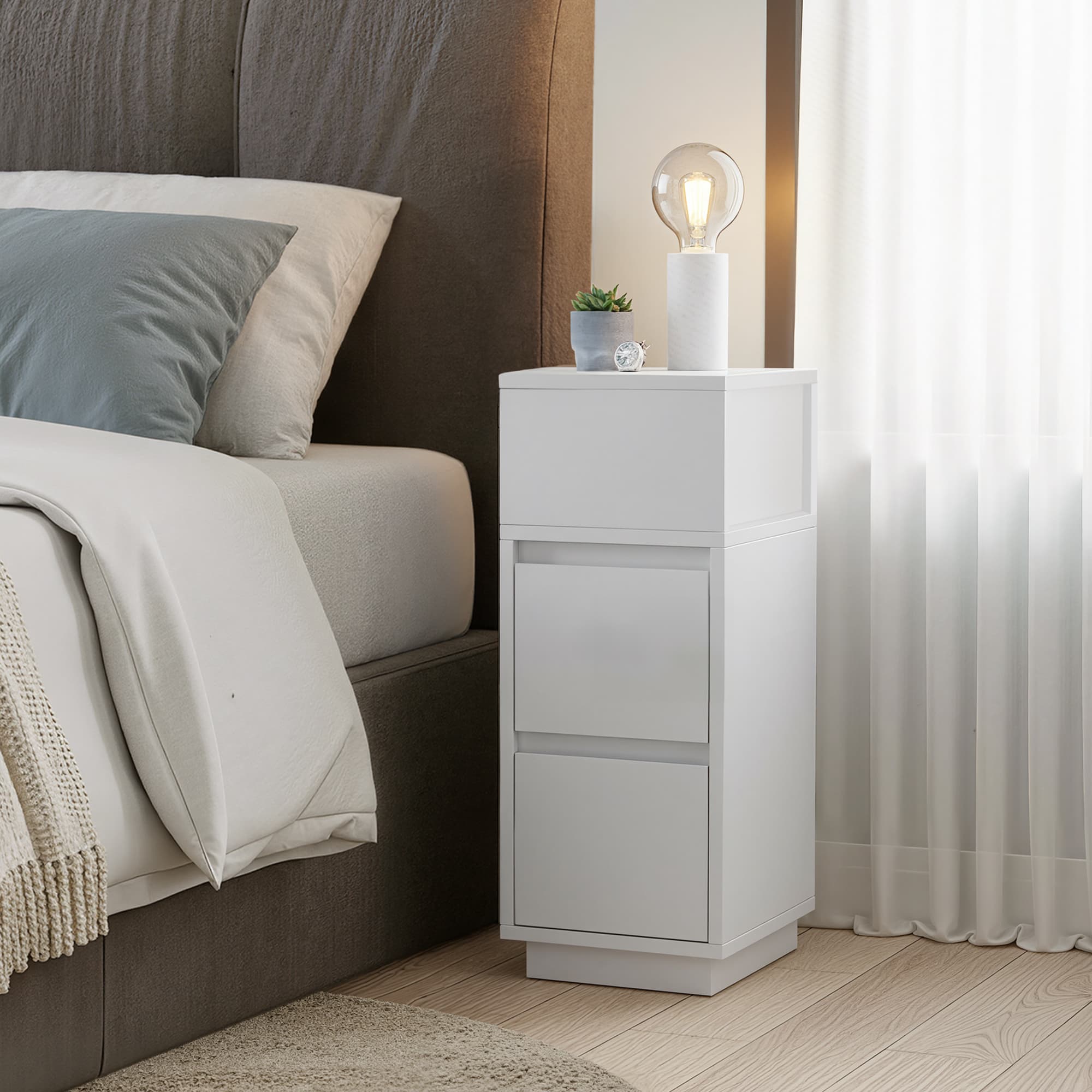 Narrow Side Table - Wood - White - 2 Drawers and Open Compartment