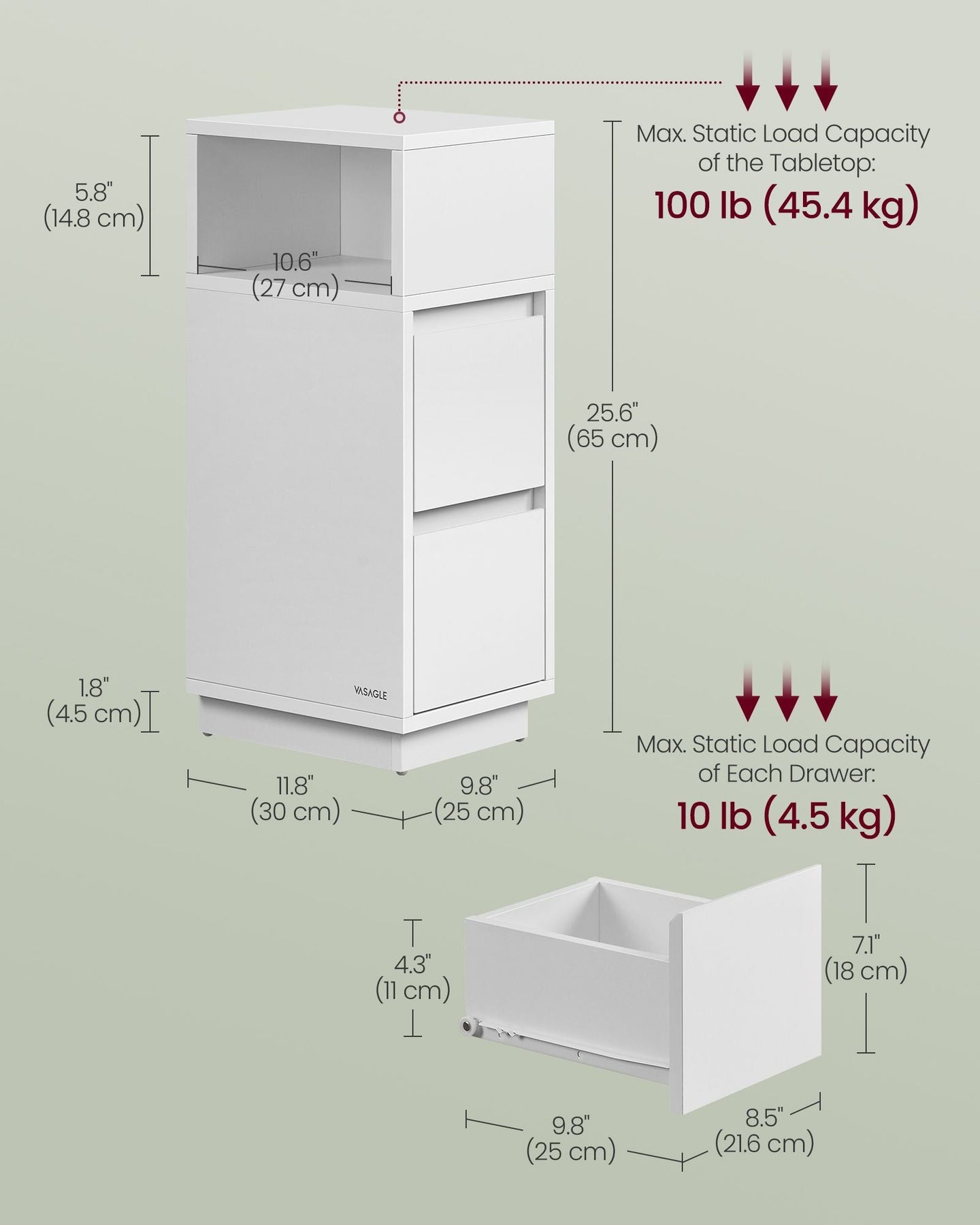 Slim Bedside Table - Engineered Wood - Cloud White - 2 Drawers and Open Compartment