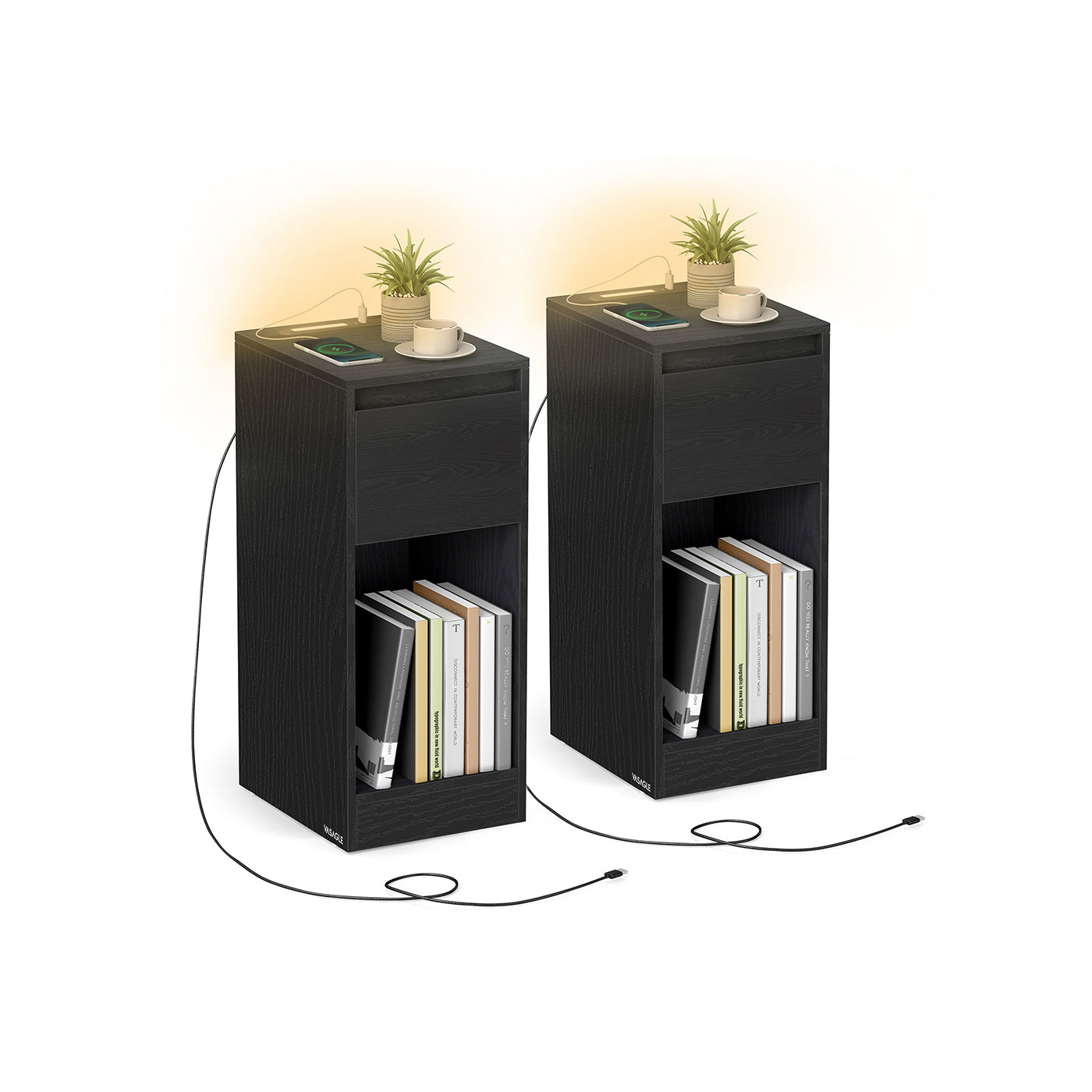 Record Player Stand - Wood - Cloud White - Vinyl Storage with Charging Station and LED Light