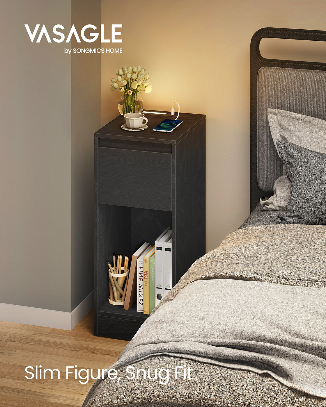 Record Player Stand - Wood - Cloud White - Vinyl Storage with Charging Station and LED Light
