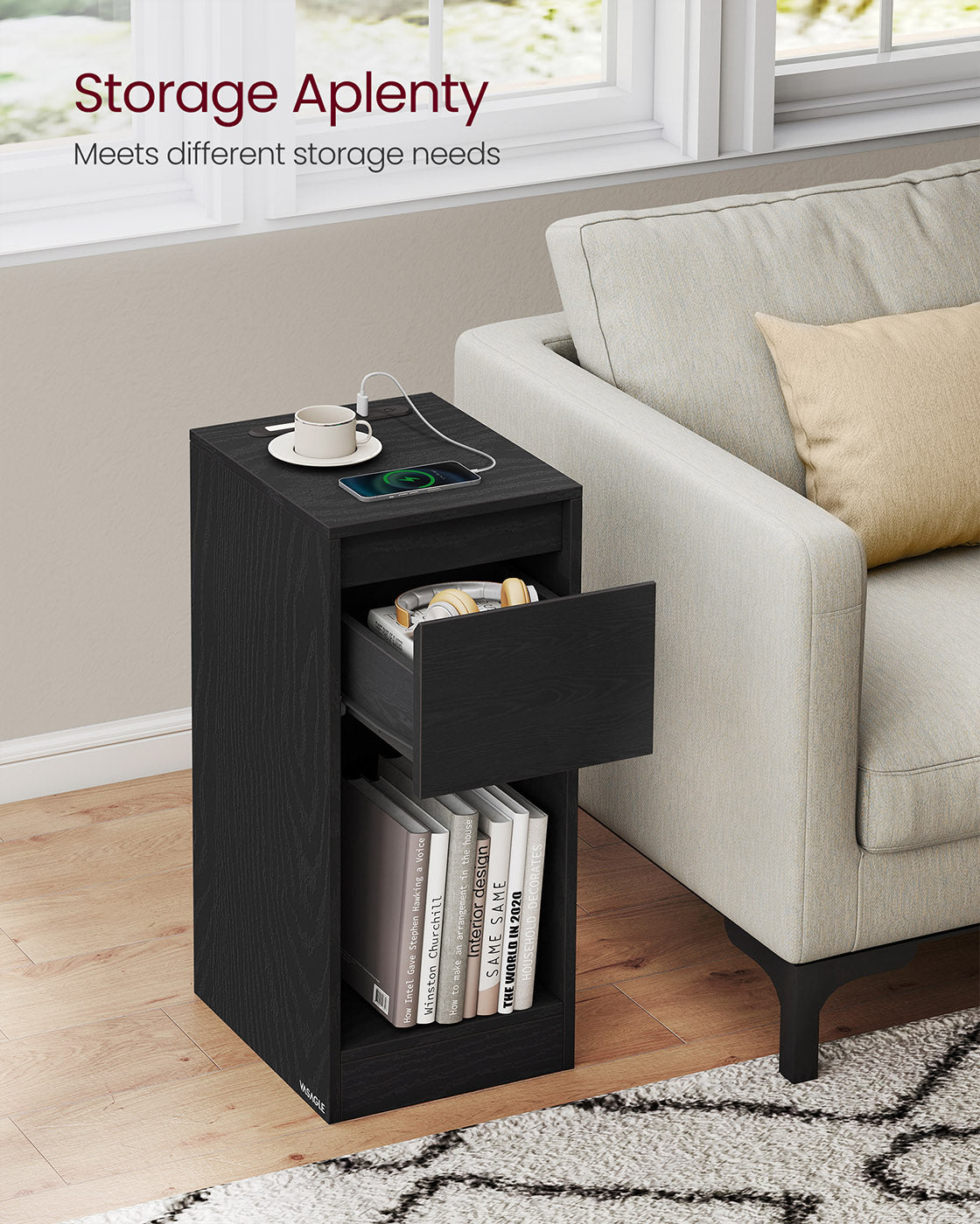 Record Player Stand - Wood - Cloud White - Vinyl Storage with Charging Station and LED Light