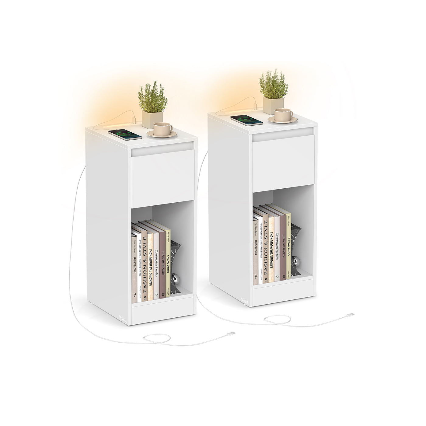 Record Player Stand - Wood - Cloud White - Vinyl Storage with Charging Station and LED Light