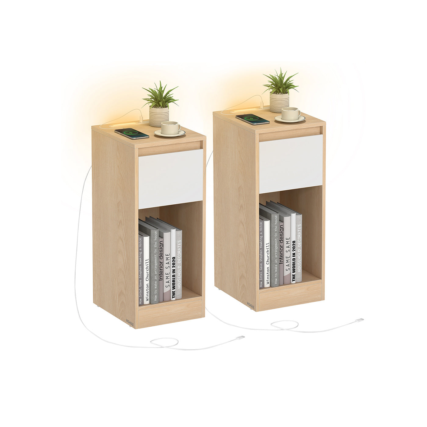 Record Player Stand - Wood - Cloud White - Vinyl Storage with Charging Station and LED Light