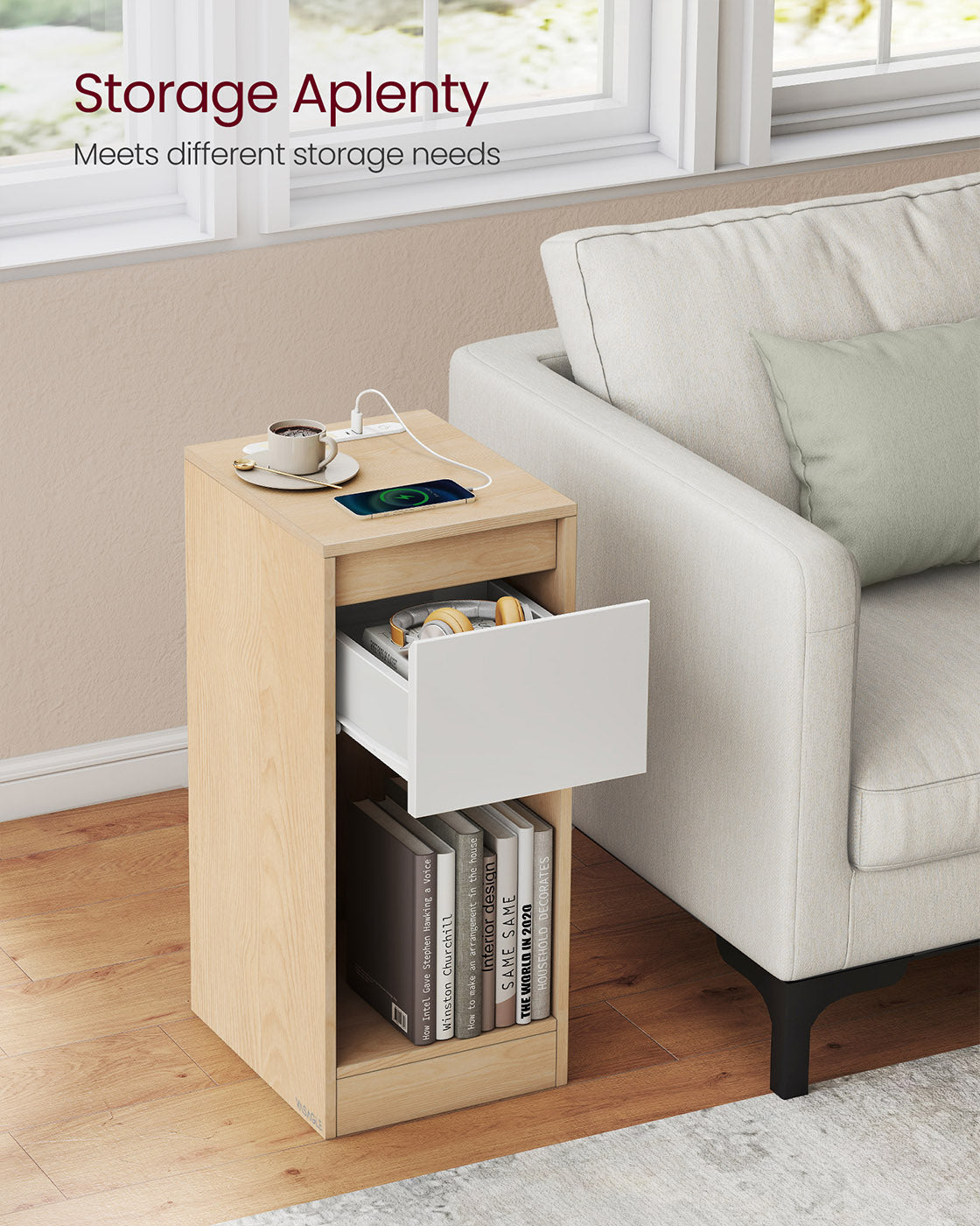 Record Player Stand - Wood - Cloud White - Vinyl Storage with Charging Station and LED Light