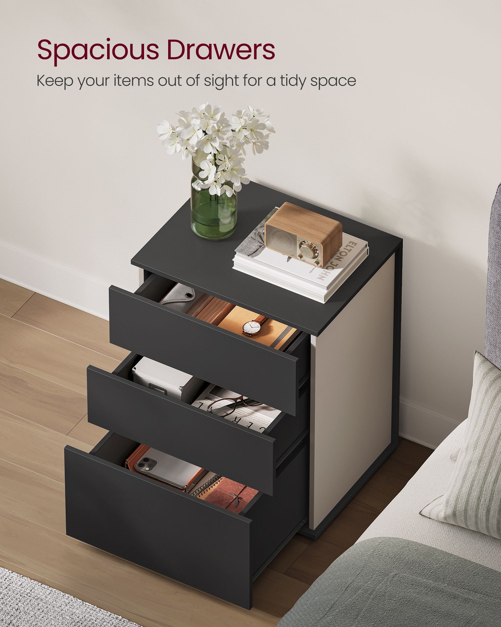 Nightstand - Wood - Ink Black - Toolless Assembly with 3 Storage Drawers