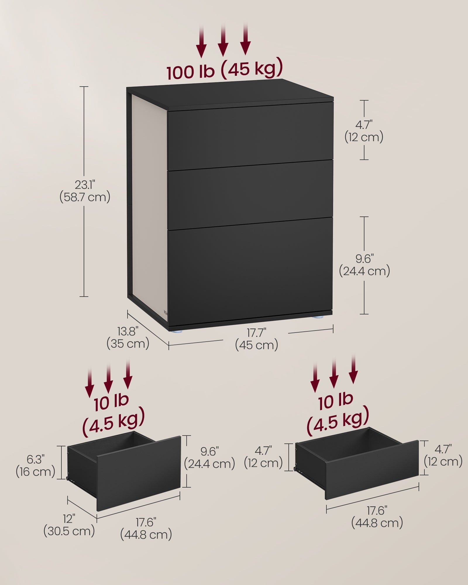 Nightstand - Wood - Ink Black - Toolless Assembly with 3 Storage Drawers