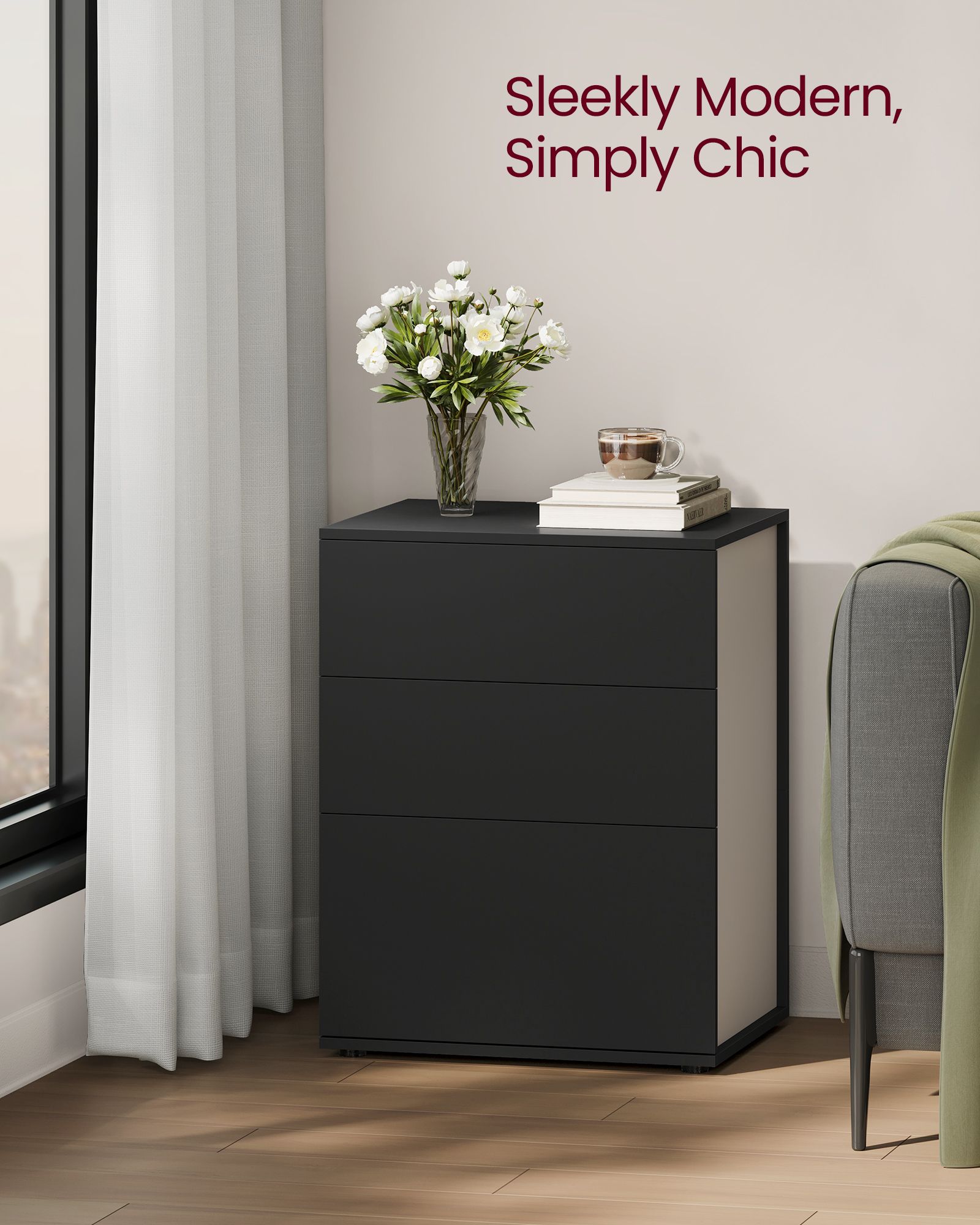 Nightstand - Wood - Ink Black - Toolless Assembly with 3 Storage Drawers