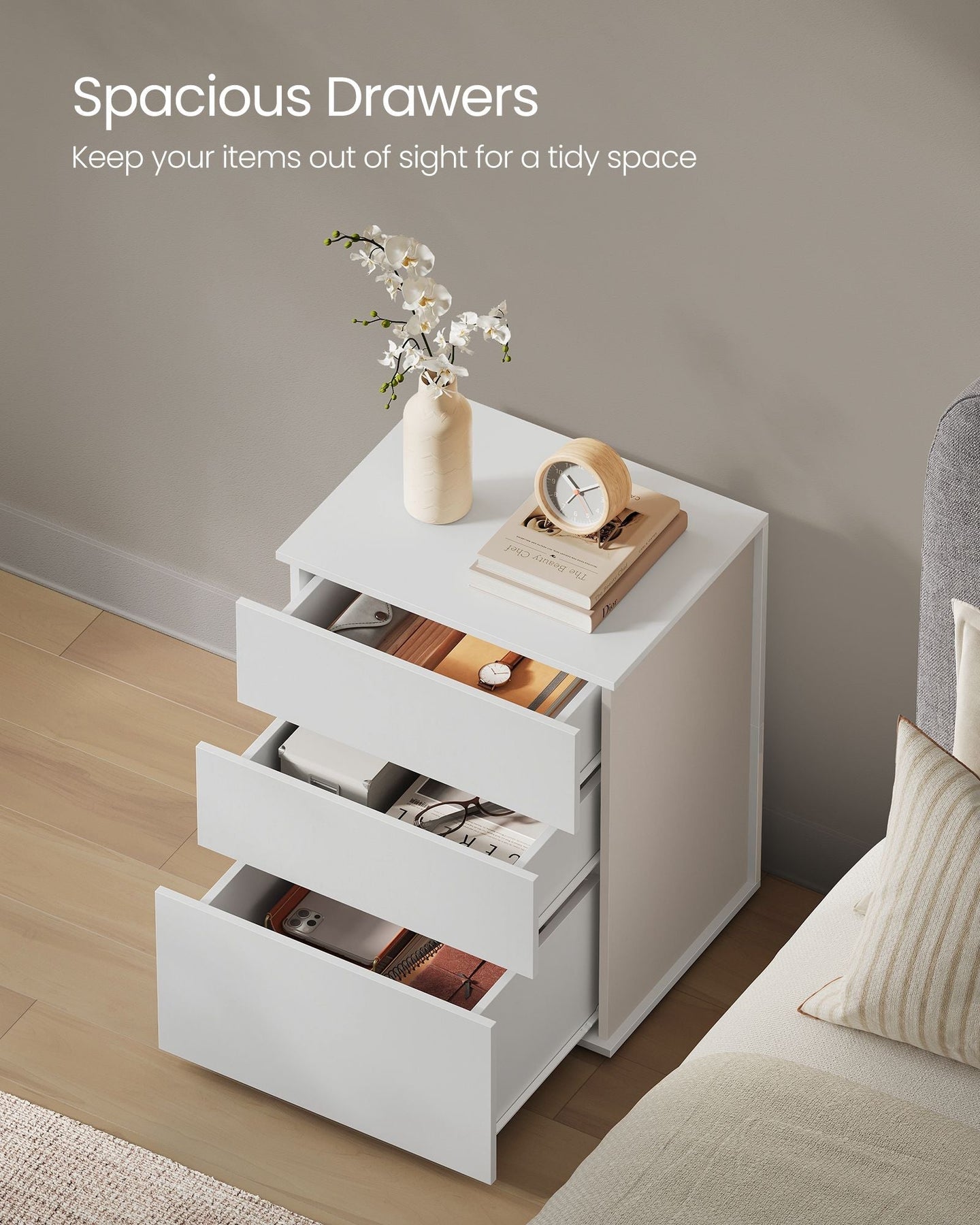 Bedside Table - MDF - Matte White - Toolless Assembly with 3 Storage Drawers