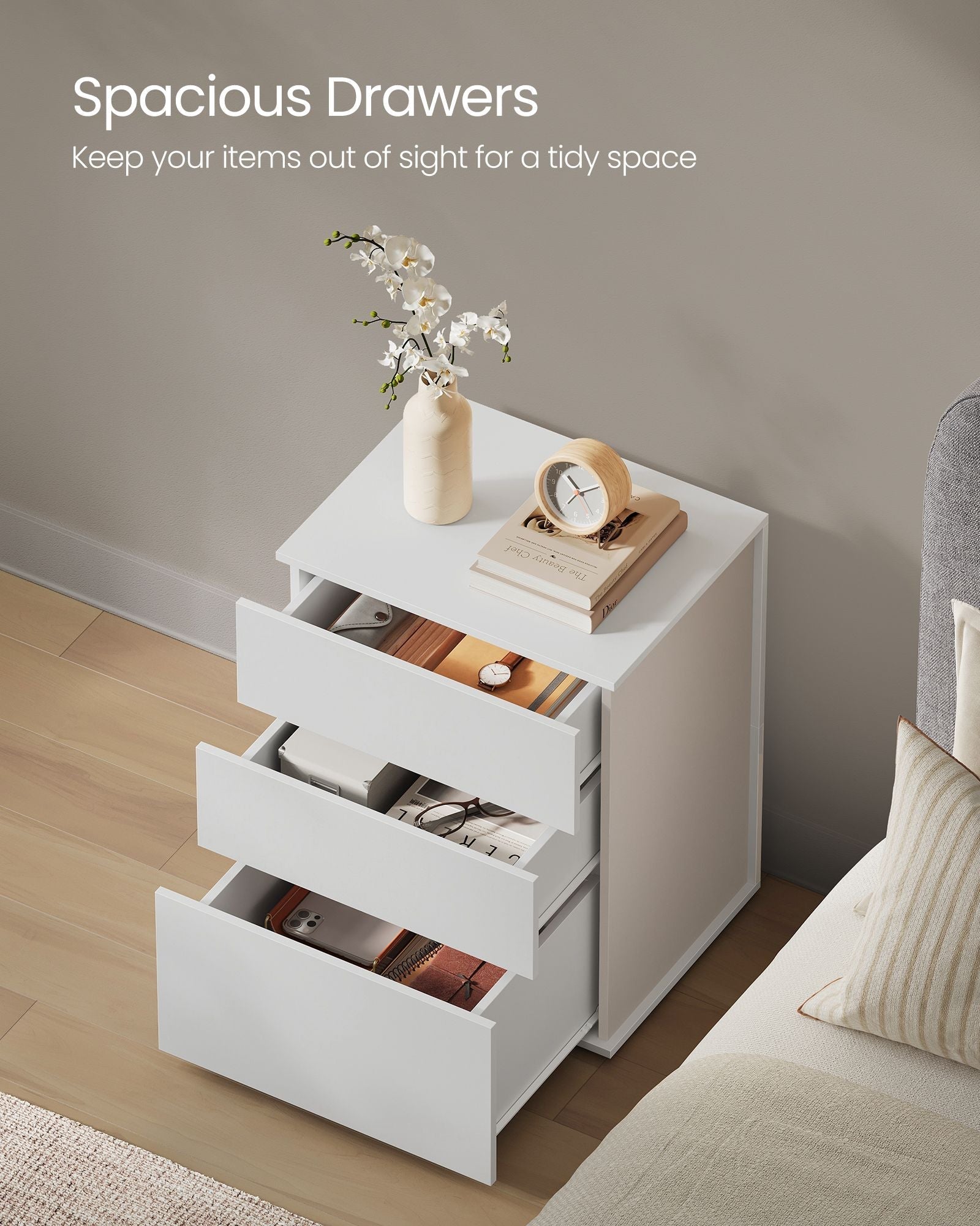 Bedside Table - MDF - Matte White - Toolless Assembly with 3 Storage Drawers