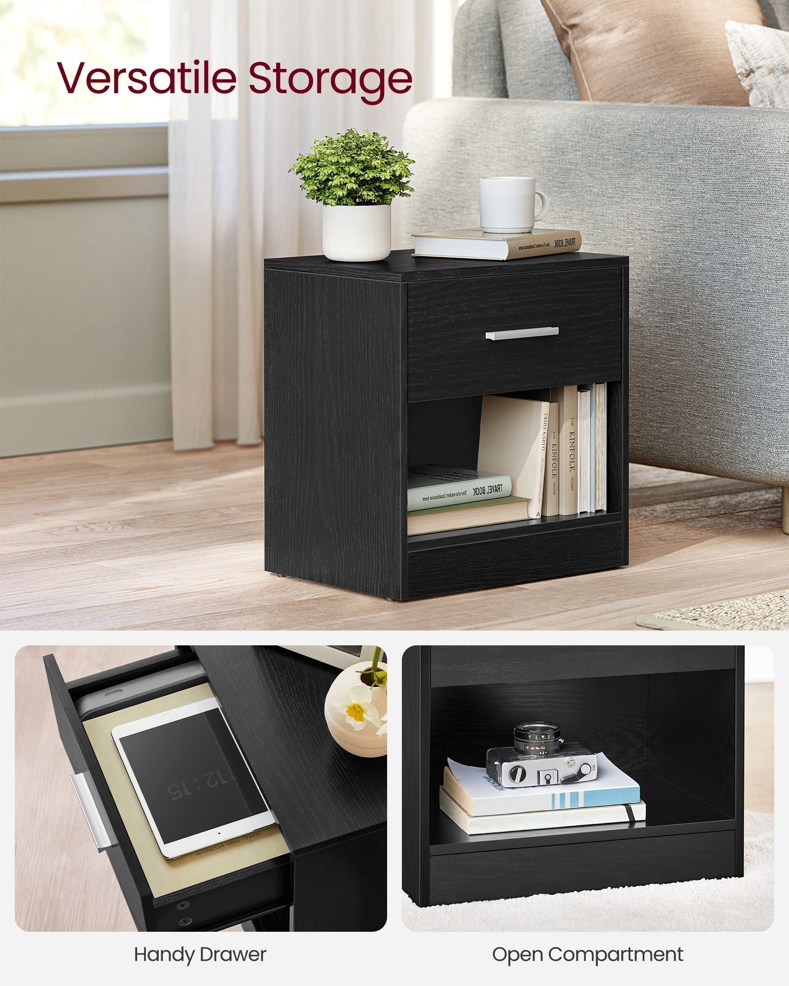 Side Table - Wood - Natural Finish - Drawer and Open Compartment