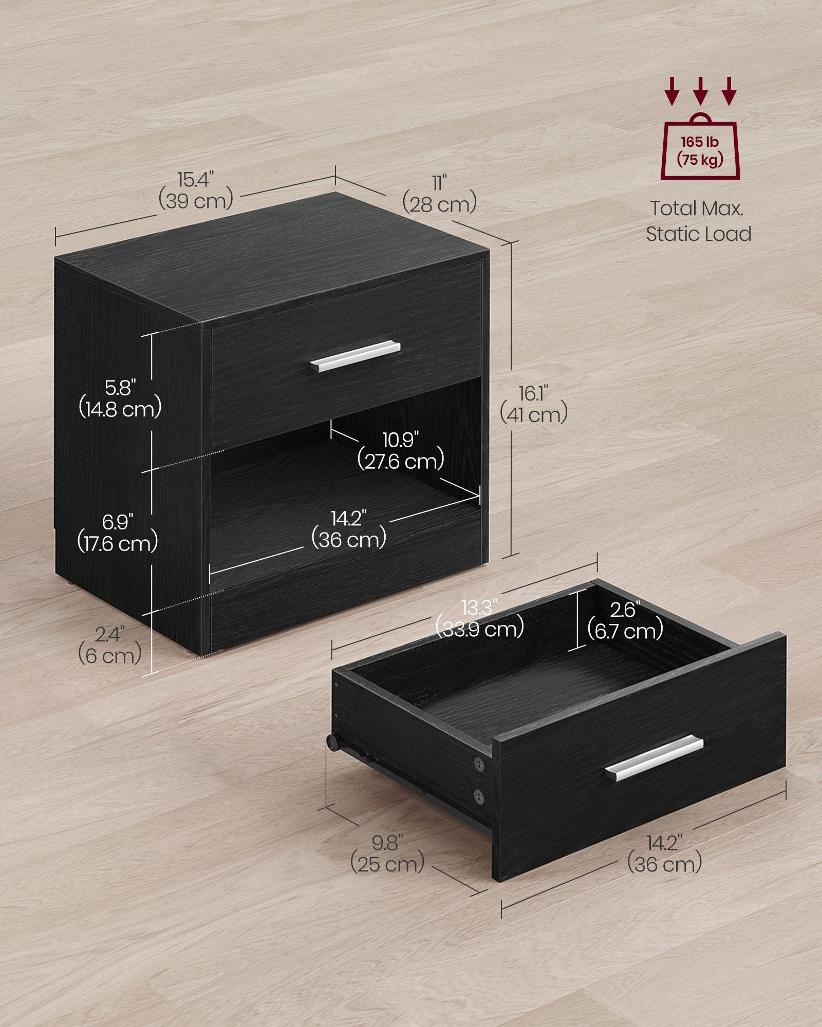 Side Table - Wood - Natural Finish - Drawer and Open Compartment