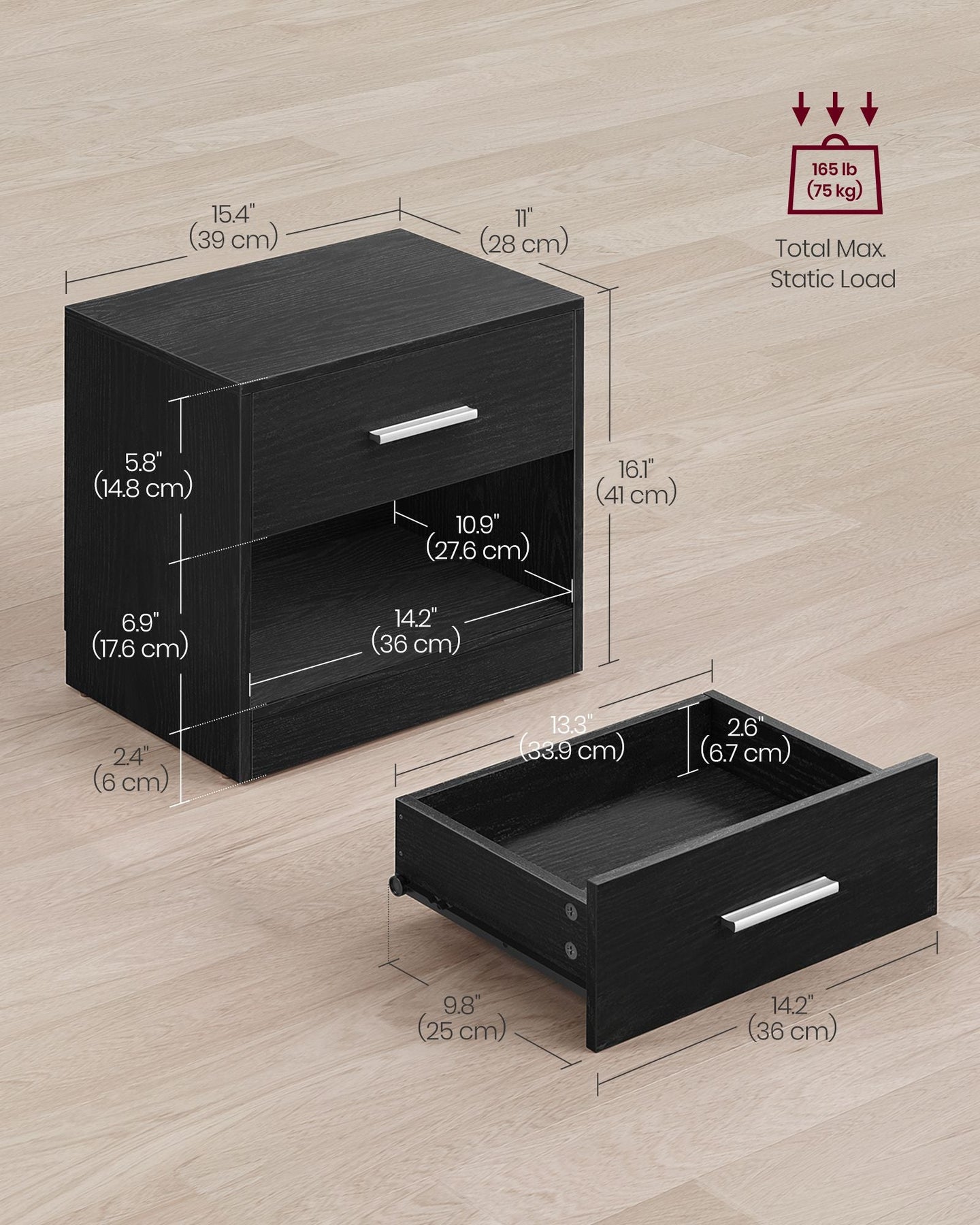 Side Table - Wood - Natural Finish - Drawer and Open Compartment