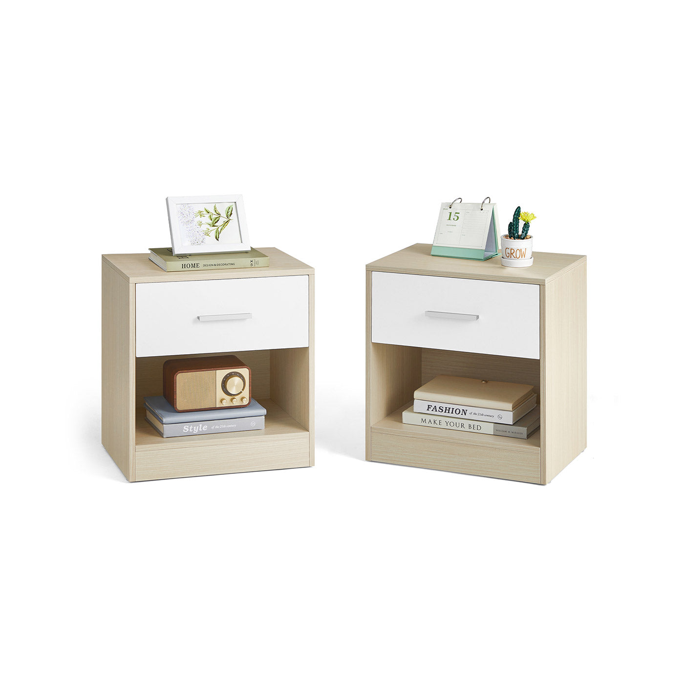 Set of 2 Bedside Tables - Wood - Natural Beige - Featuring Drawer and Open Compartment