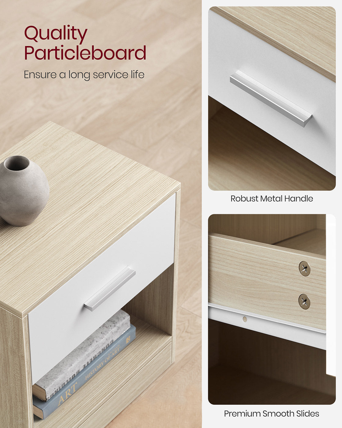 Set of 2 Bedside Tables - Wood - Natural Beige - Featuring Drawer and Open Compartment