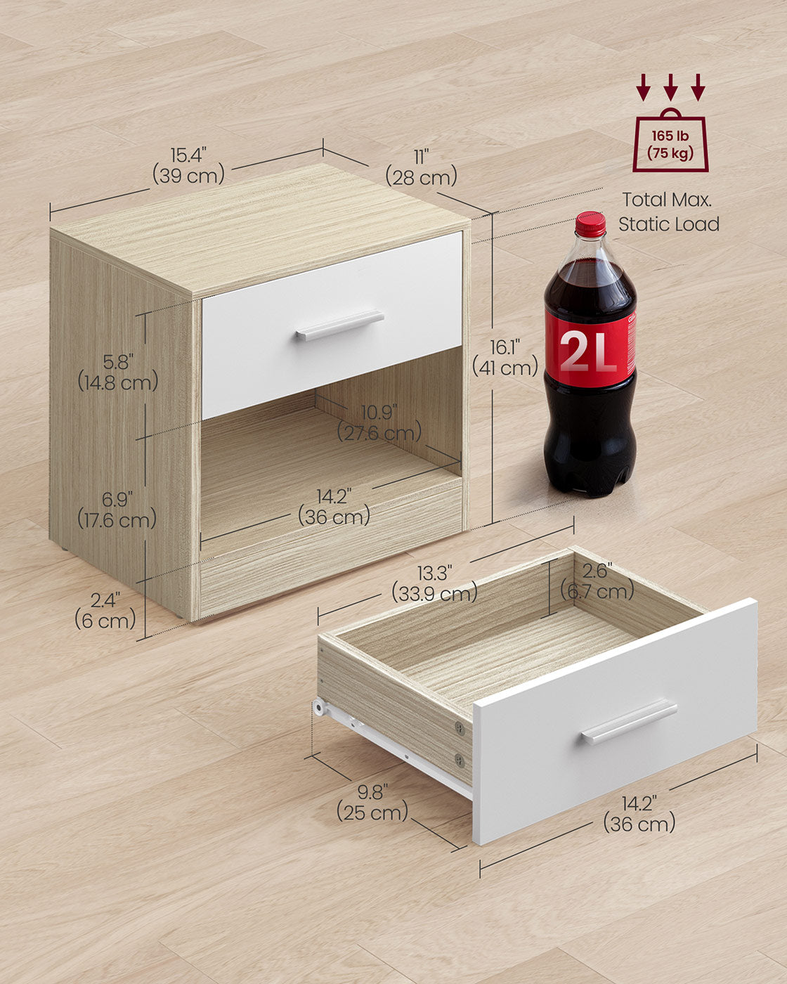 Set of 2 Bedside Tables - Wood - Natural Beige - Featuring Drawer and Open Compartment