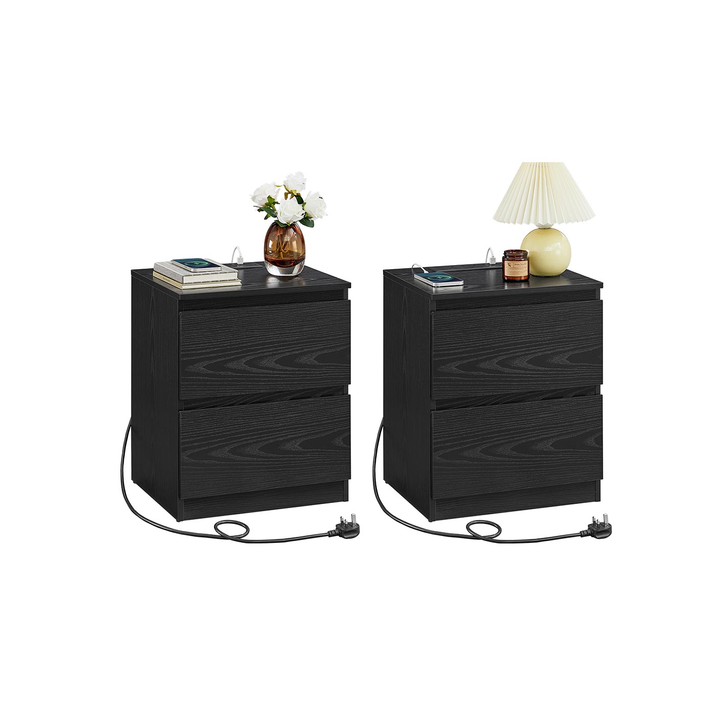 Nightstands - Wood - Ebony Black - Set of 2 with Charging Station and Drawers