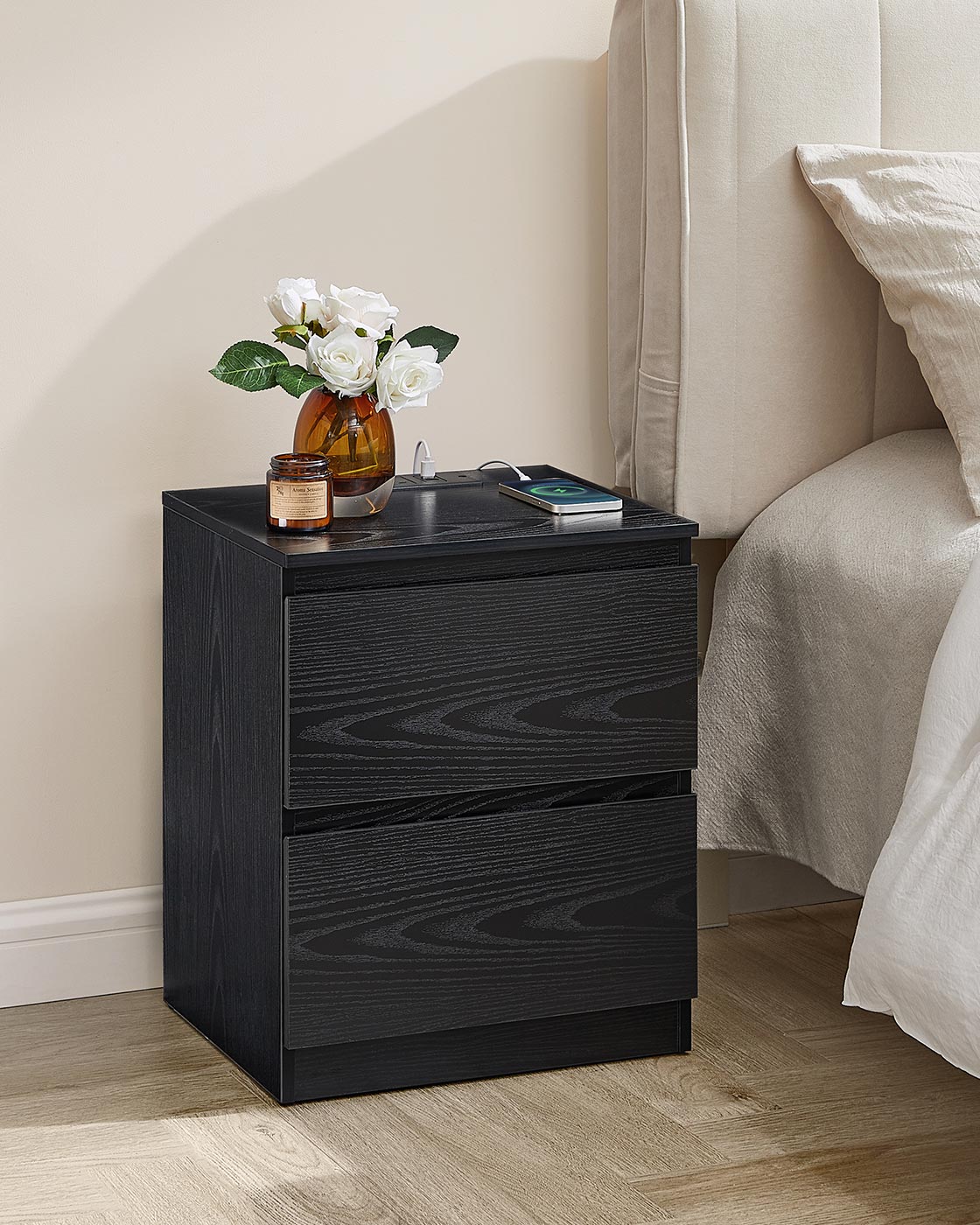 Nightstands - Wood - Ebony Black - Set of 2 with Charging Station and Drawers