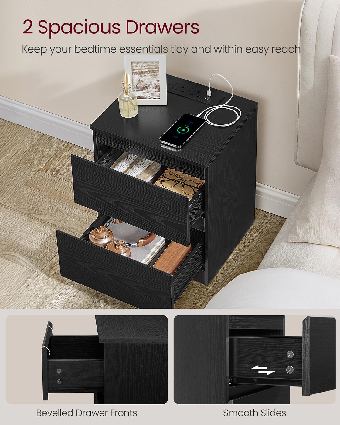 Nightstands - Wood - Ebony Black - Set of 2 with Charging Station and Drawers