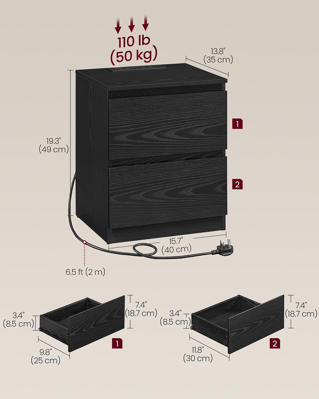 Nightstands - Wood - Ebony Black - Set of 2 with Charging Station and Drawers
