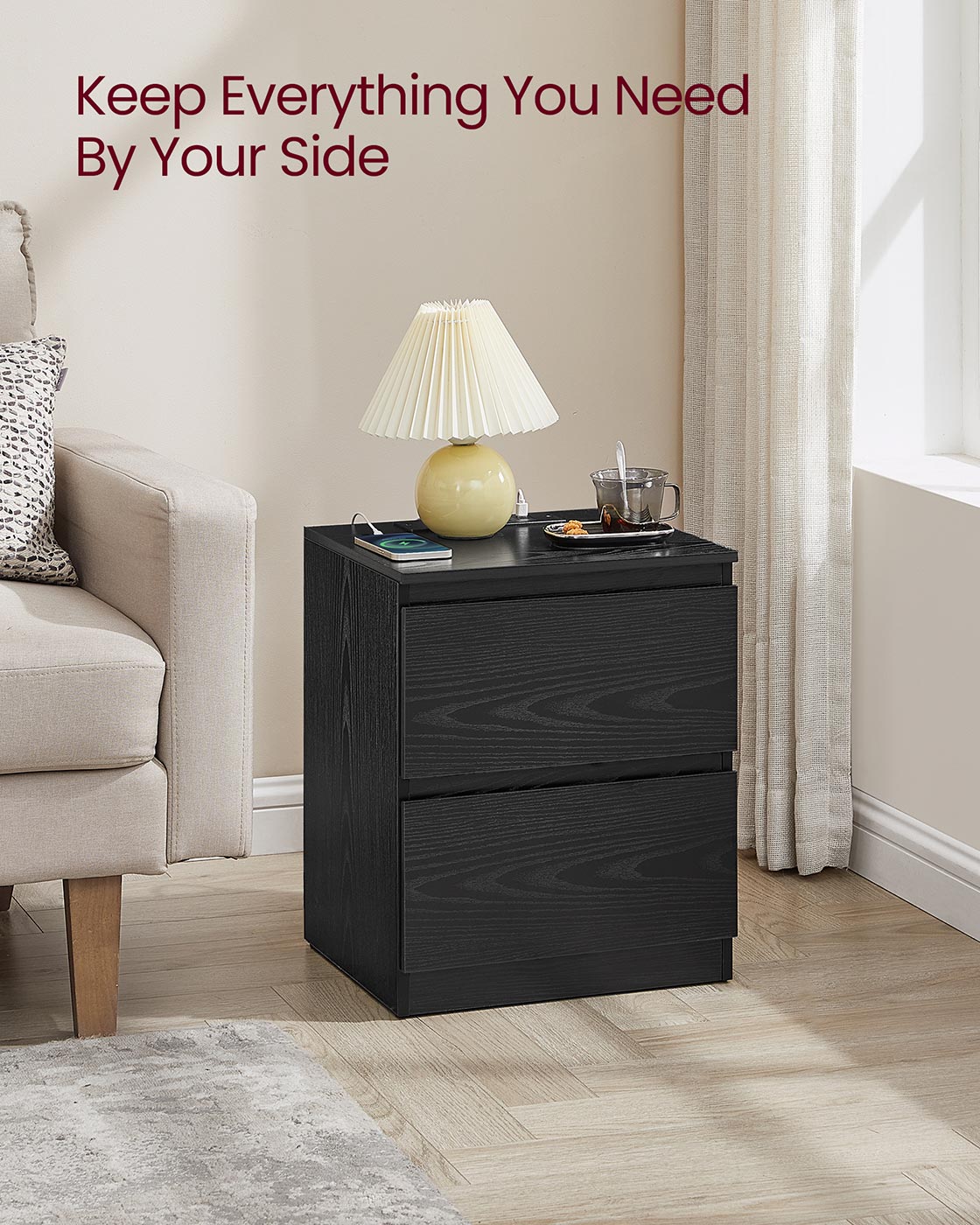 Nightstands - Wood - Ebony Black - Set of 2 with Charging Station and Drawers