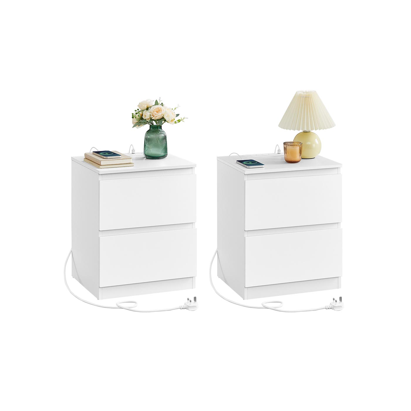 Nightstands - Set of 2 - Wood - Cloud White - Charging Station with Drawers
