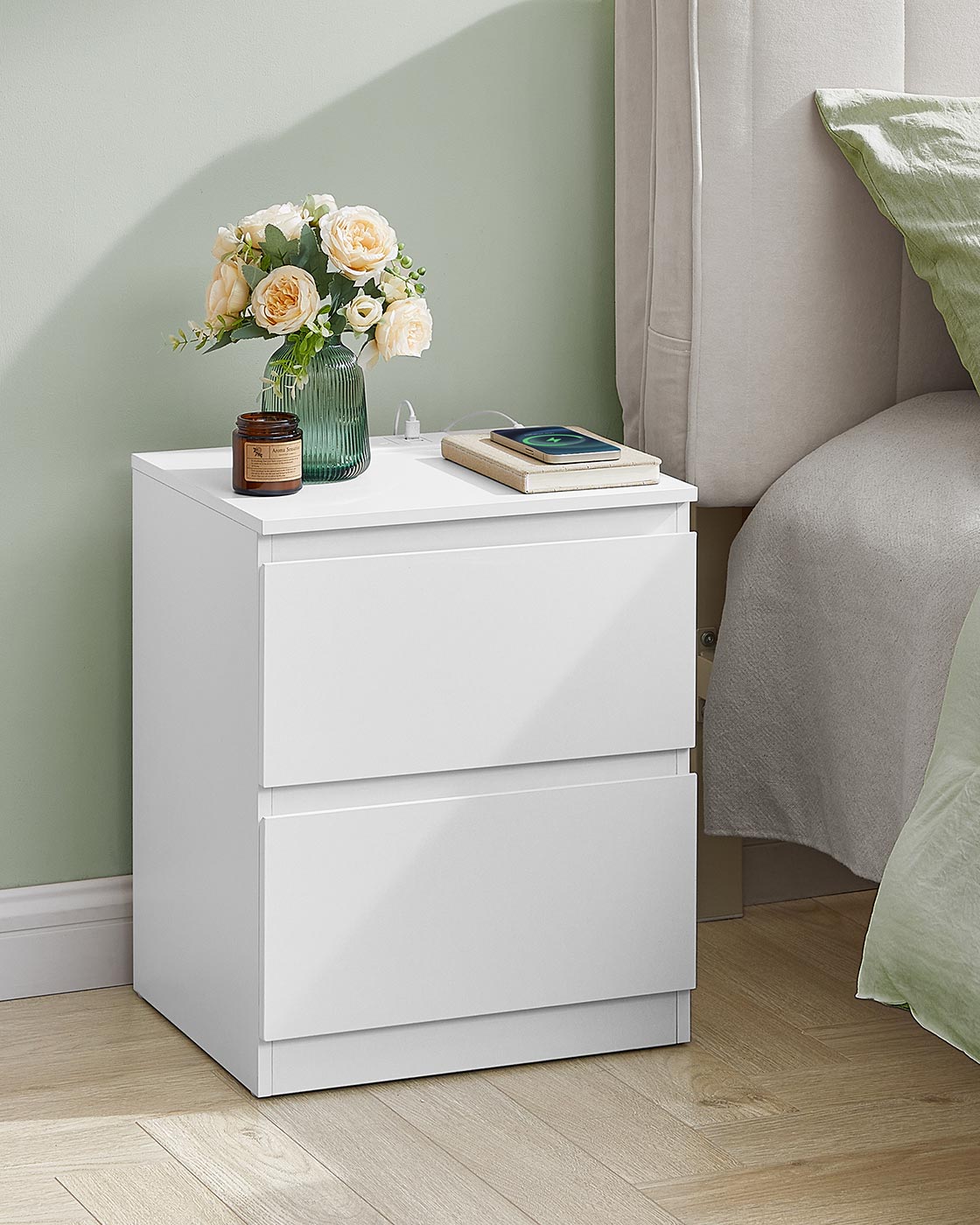 Nightstands - Set of 2 - Wood - Cloud White - Charging Station with Drawers