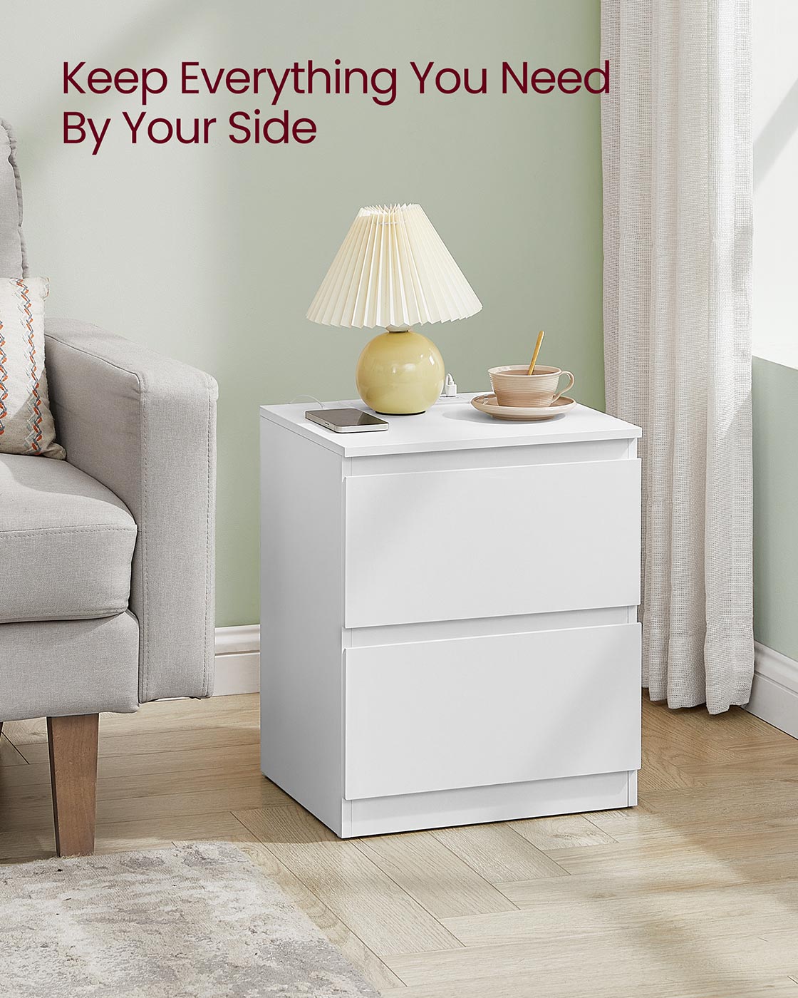 Nightstands - Set of 2 - Wood - Cloud White - Charging Station with Drawers