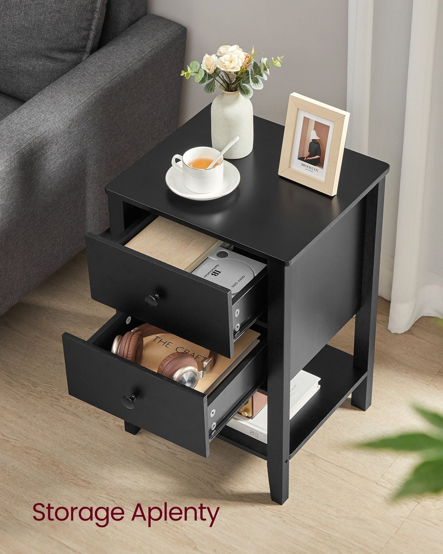 Set of 2 Bedside Tables - Bamboo - Ink Black - Minimalist Style with 2 Storage Drawers and Open Shelf