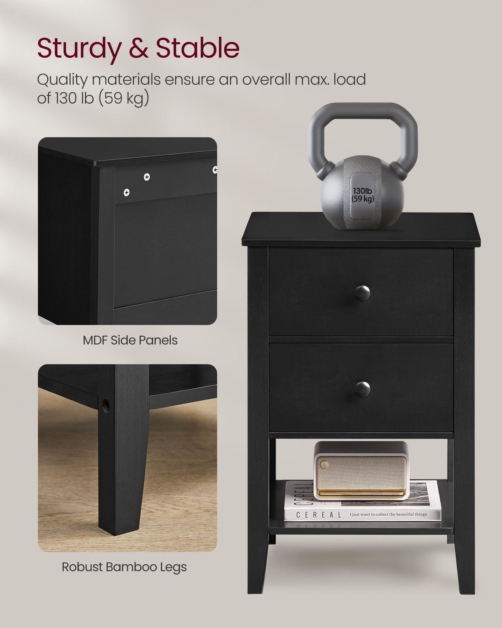Set of 2 Bedside Tables - Bamboo - Ink Black - Minimalist Style with 2 Storage Drawers and Open Shelf