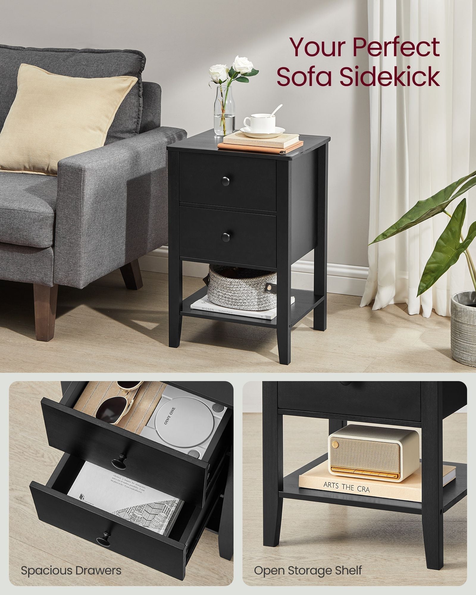 Set of 2 Bedside Tables - Bamboo - Ink Black - Minimalist Style with 2 Storage Drawers and Open Shelf