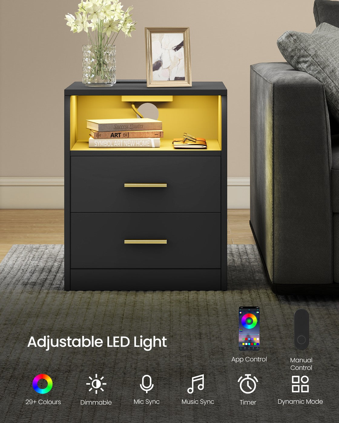 Bedside Tables - 30L - Solid Wood Legs - Charging Station