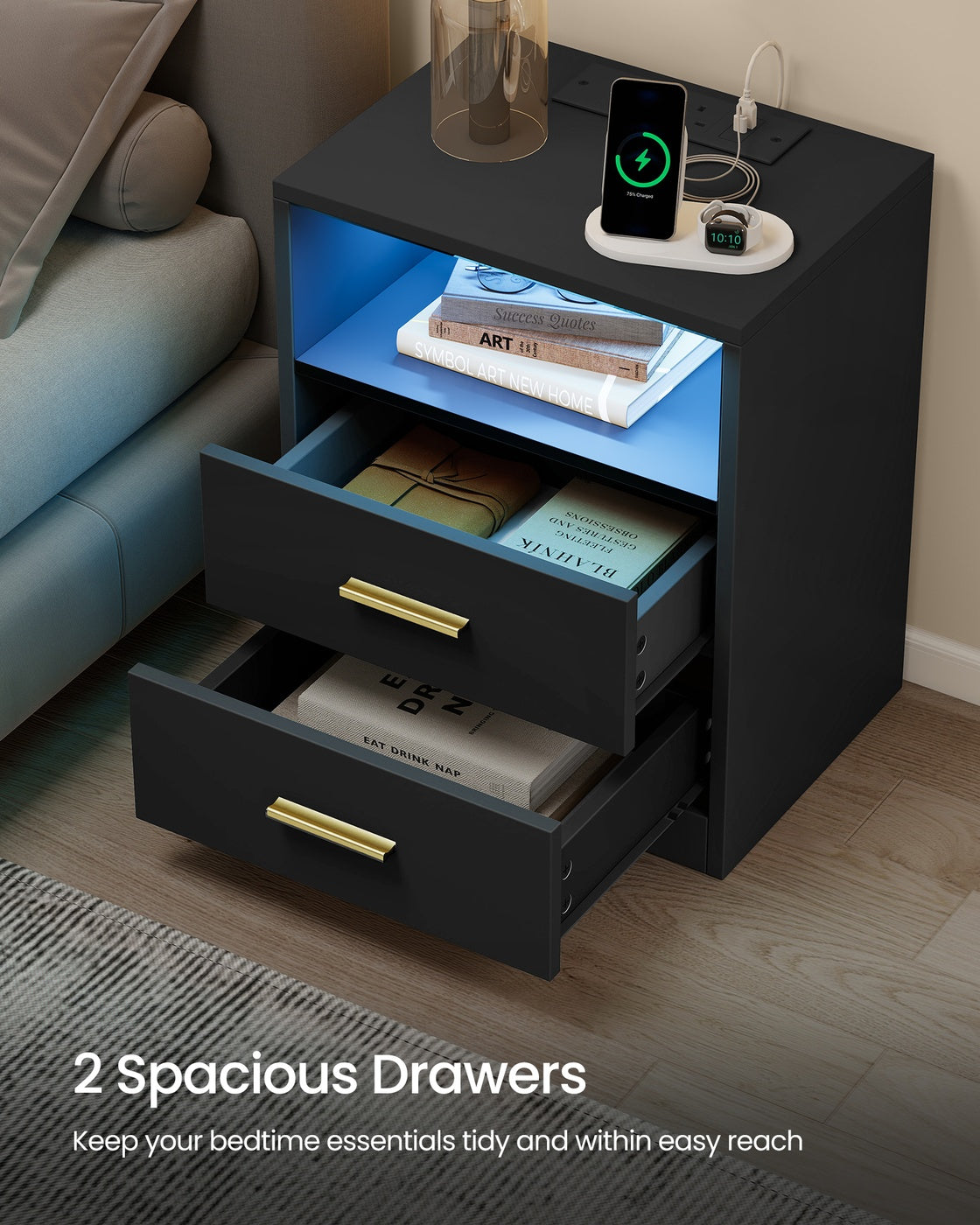Bedside Tables - 30L - Solid Wood Legs - Charging Station
