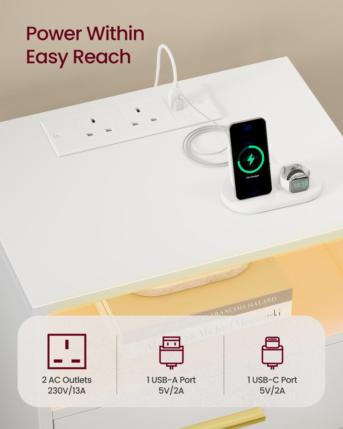 Bedside Tables - 30L - Solid Wood Legs - Charging Station