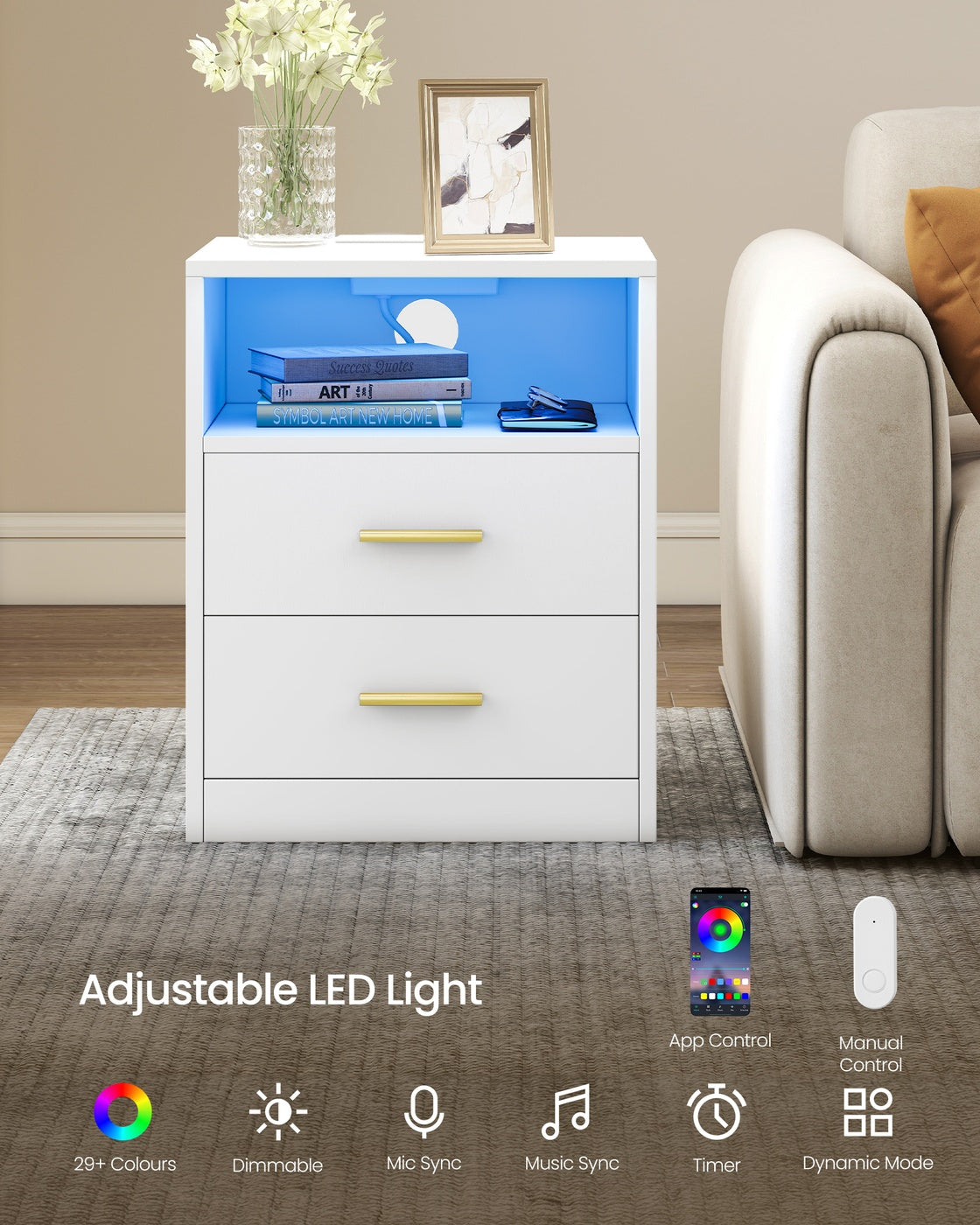 Bedside Tables - 30L - Solid Wood Legs - Charging Station
