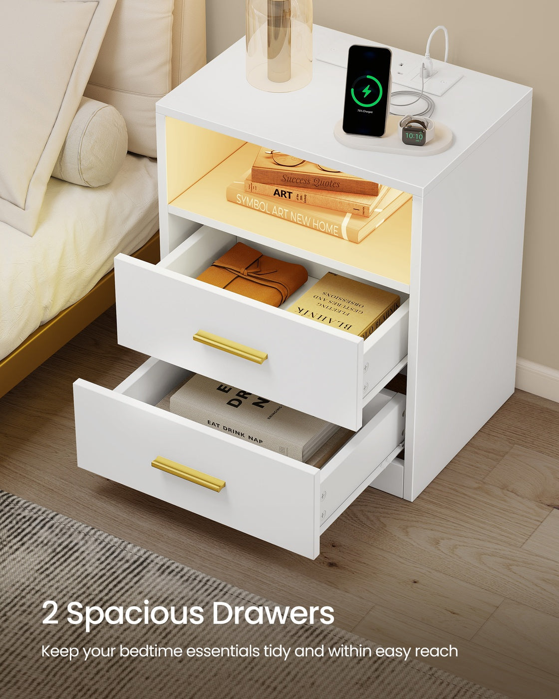 Bedside Tables - 30L - Solid Wood Legs - Charging Station