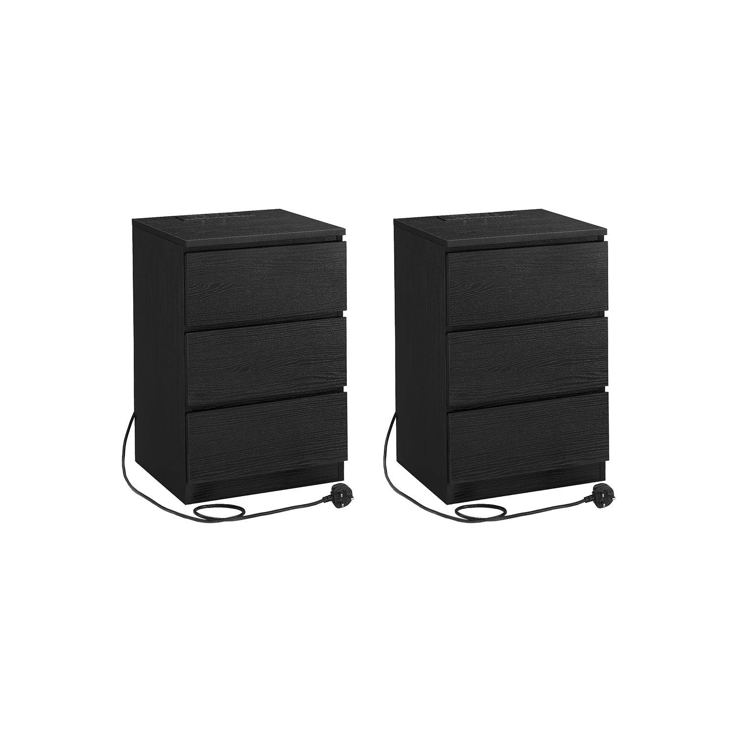 Set of 2 Bedside Tables - Wood - Ebony Black - with Charging Stations and Drawers