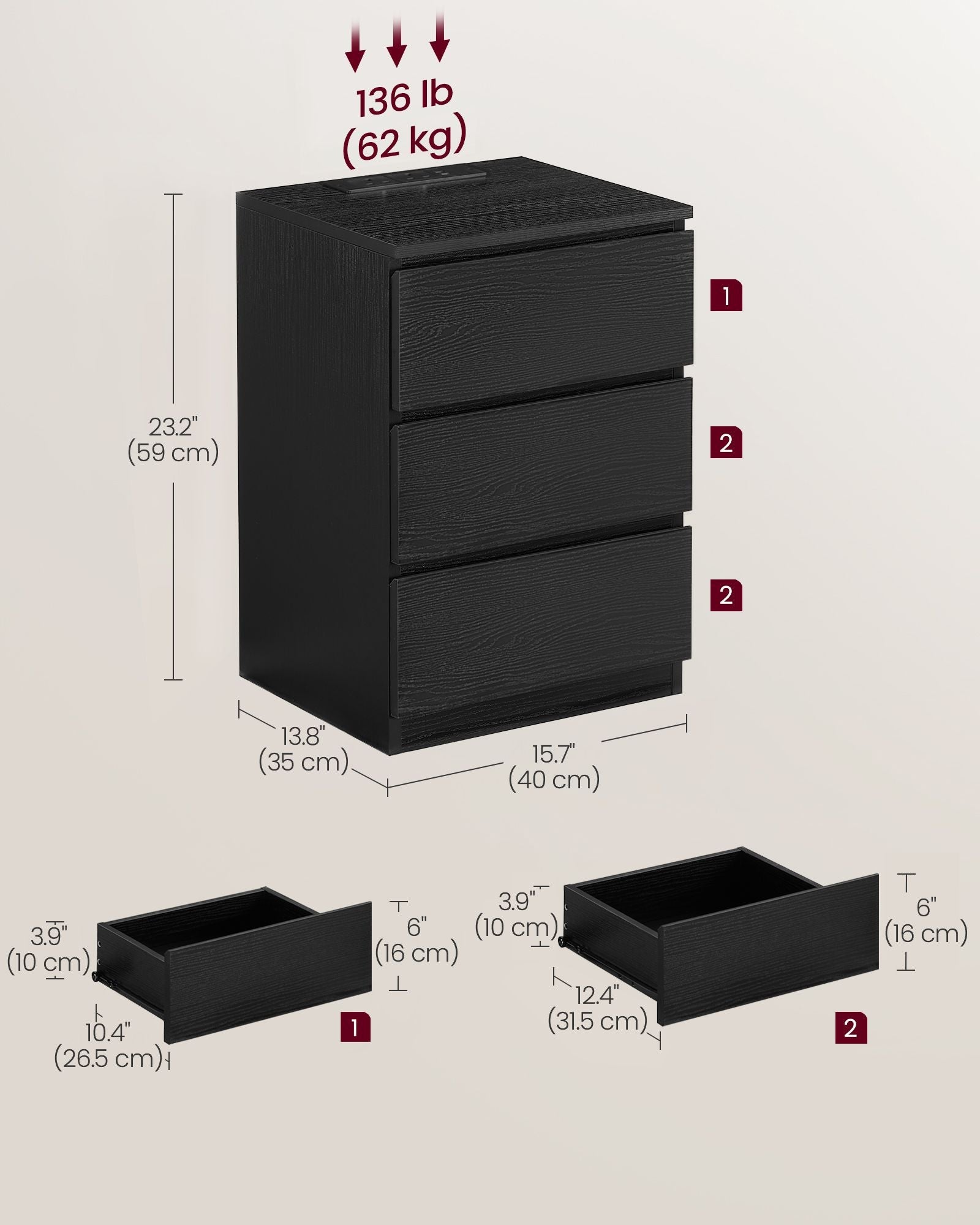 Set of 2 Bedside Tables - Wood - Ebony Black - with Charging Stations and Drawers