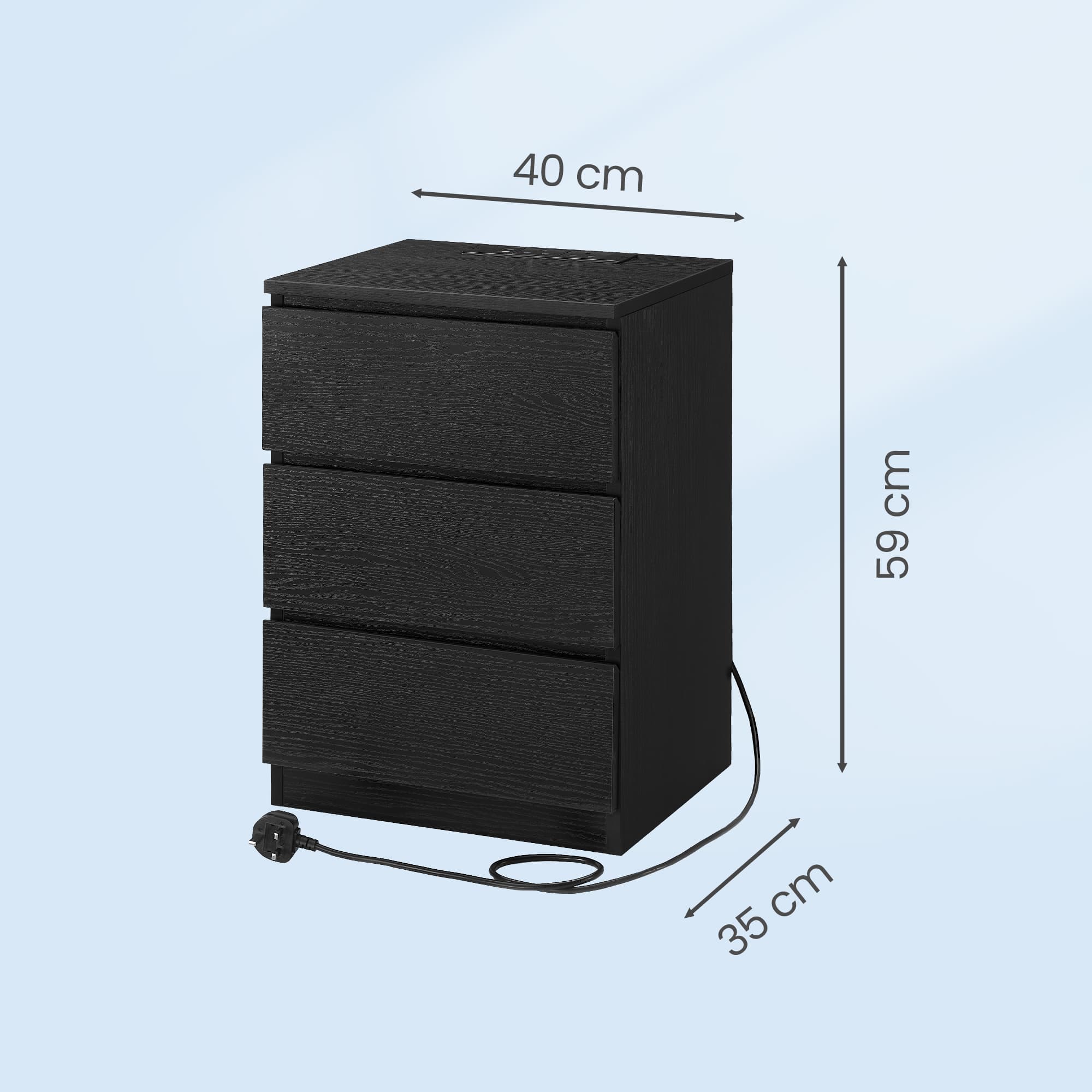 Set of 2 Modern Side Tables - Wood - Black - Features 3 Drawers and Built-in Charging Station