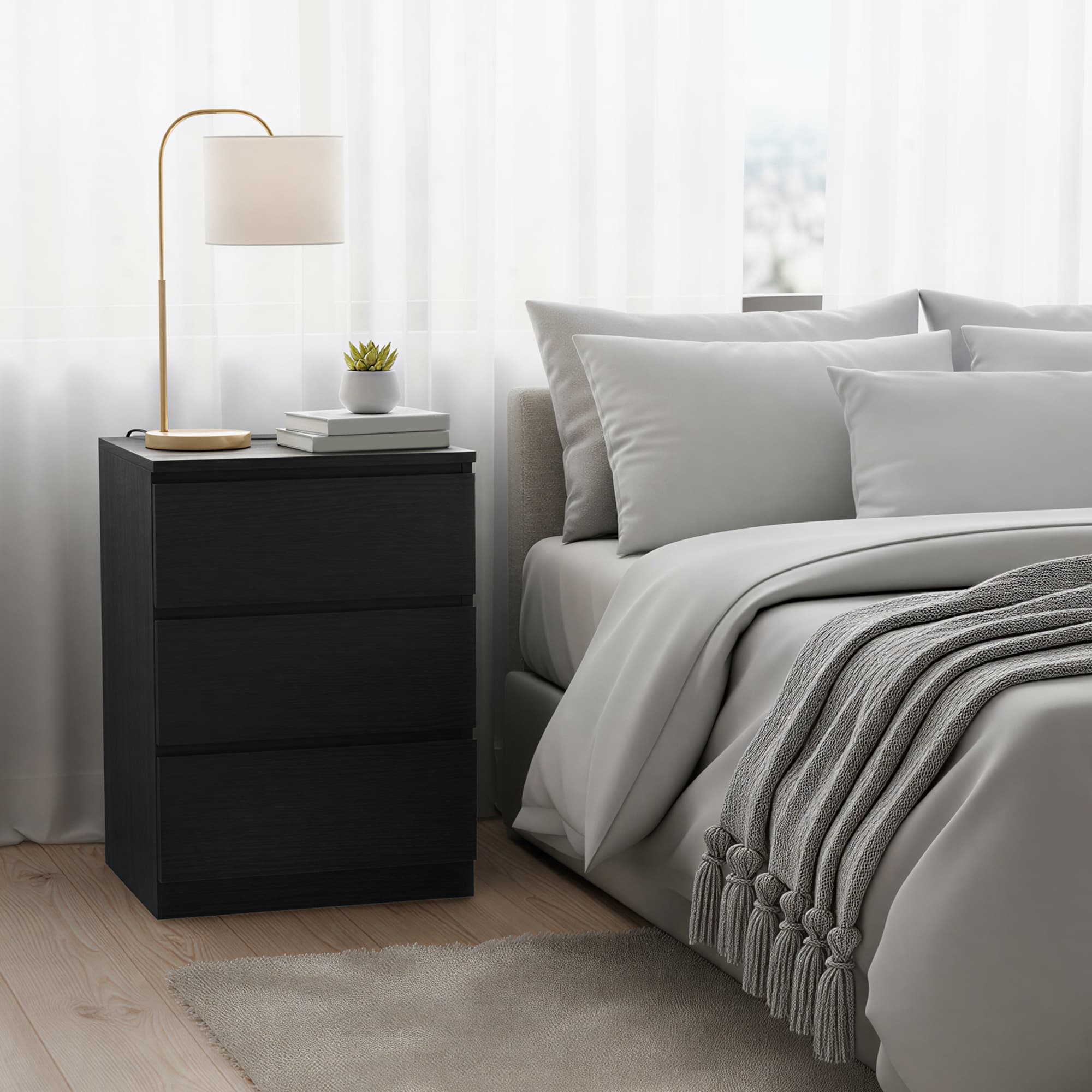 Set of 2 Modern Side Tables - Wood - Black - Features 3 Drawers and Built-in Charging Station