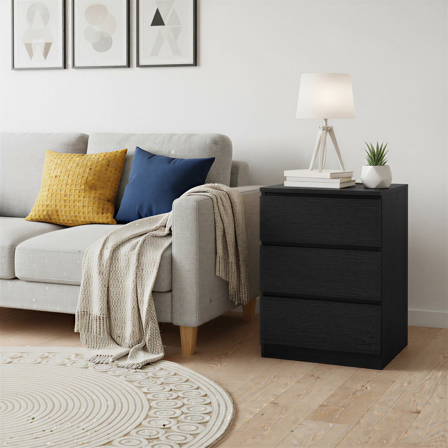 Set of 2 Modern Side Tables - Wood - Black - Features 3 Drawers and Built-in Charging Station