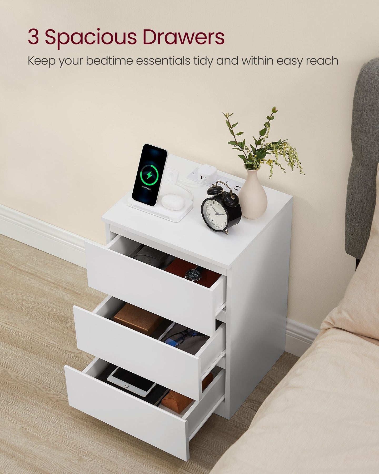 Bedside Table - Wood - Natural Finish - Integrated Charging Station
